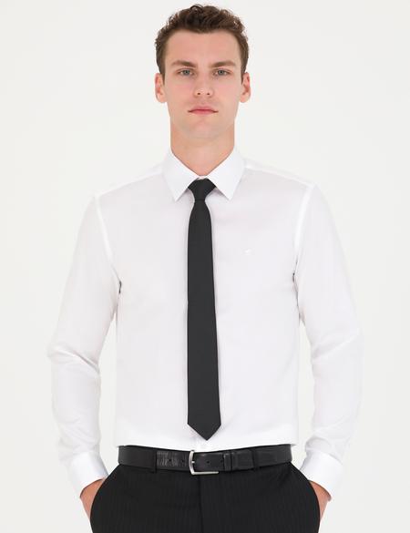 Beyaz Parlak Saten Slim Fit Uzun Kollu Basic Gömlek - 50277147017