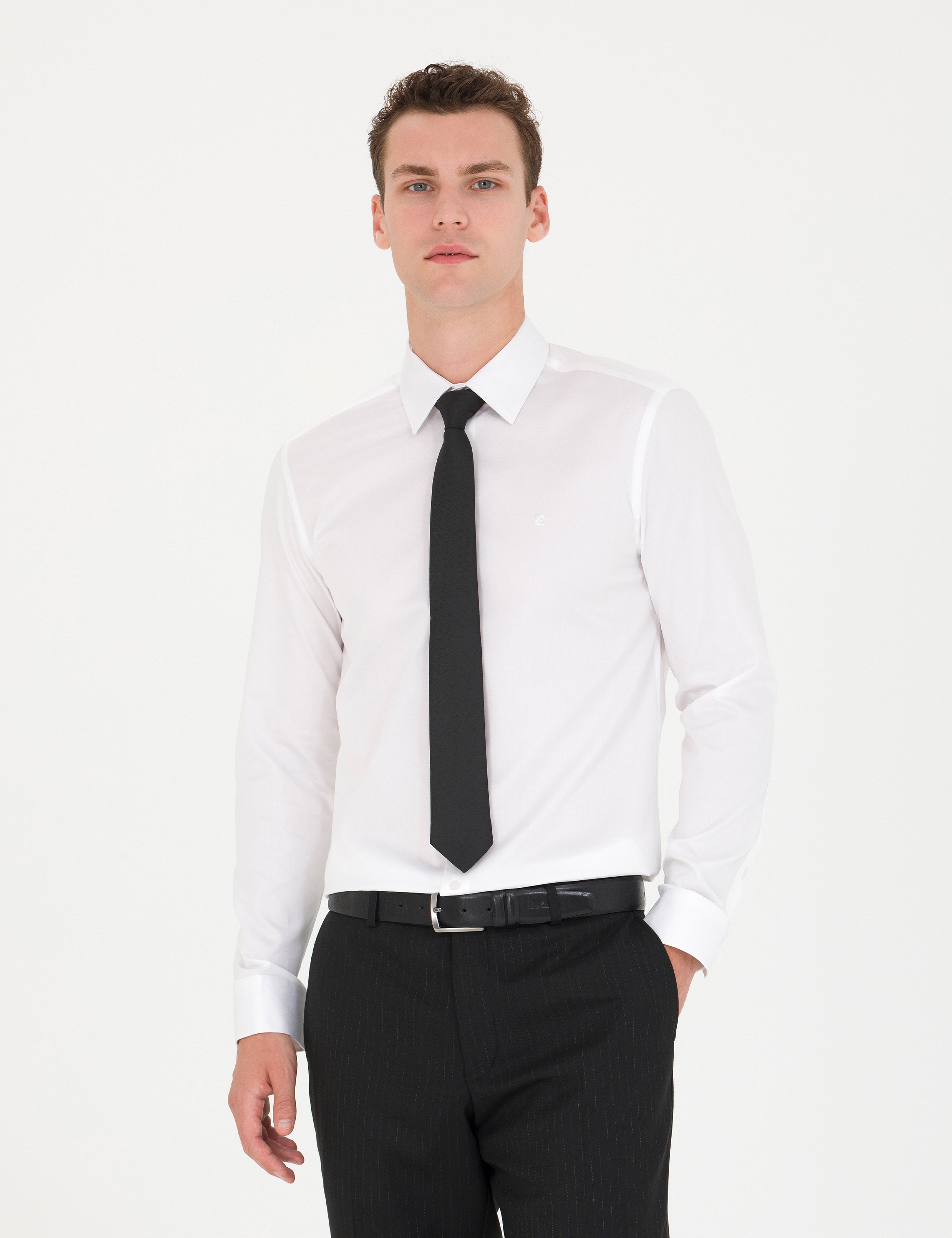 Beyaz %100 Pamuk Parlak Saten Slim Fit Uzun Kollu Basic Gömlek