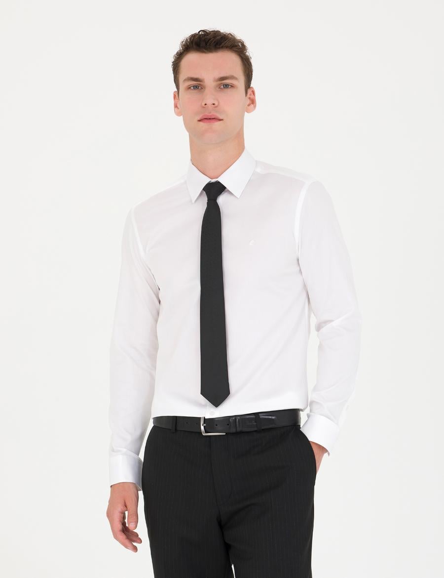 Beyaz Parlak Saten Slim Fit Uzun Kollu Basic Gömlek