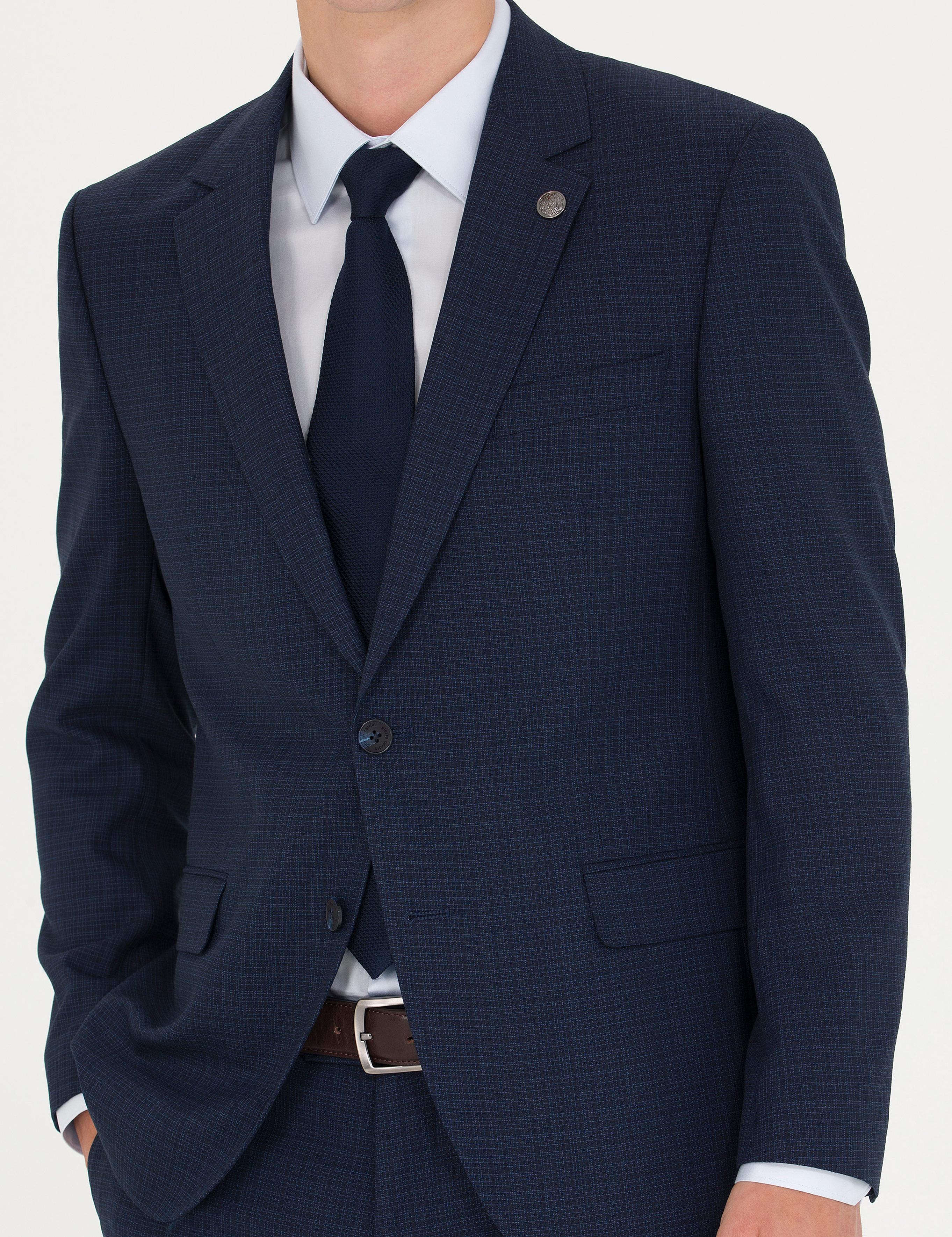 Kareli Lacivert Slim Fit Takım Elbise