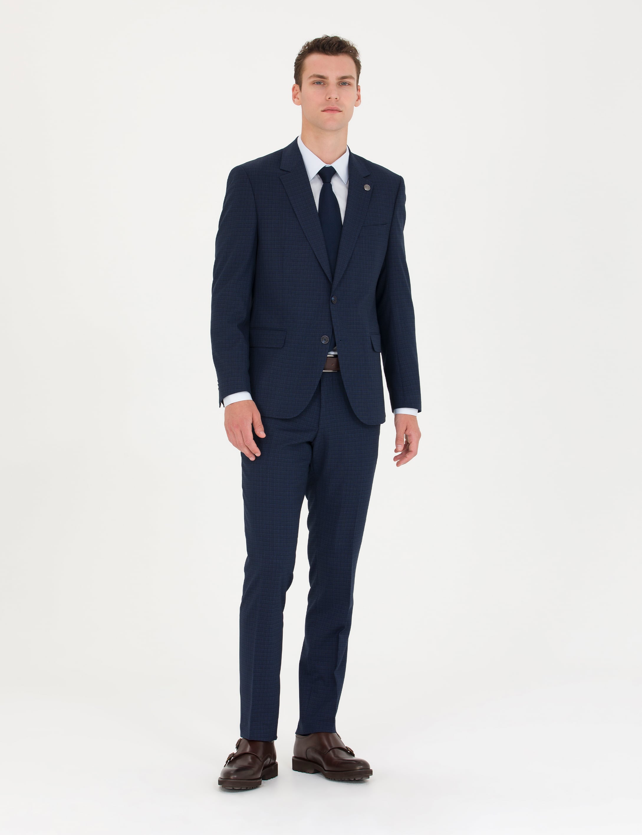 Kareli Lacivert Slim Fit Takım Elbise