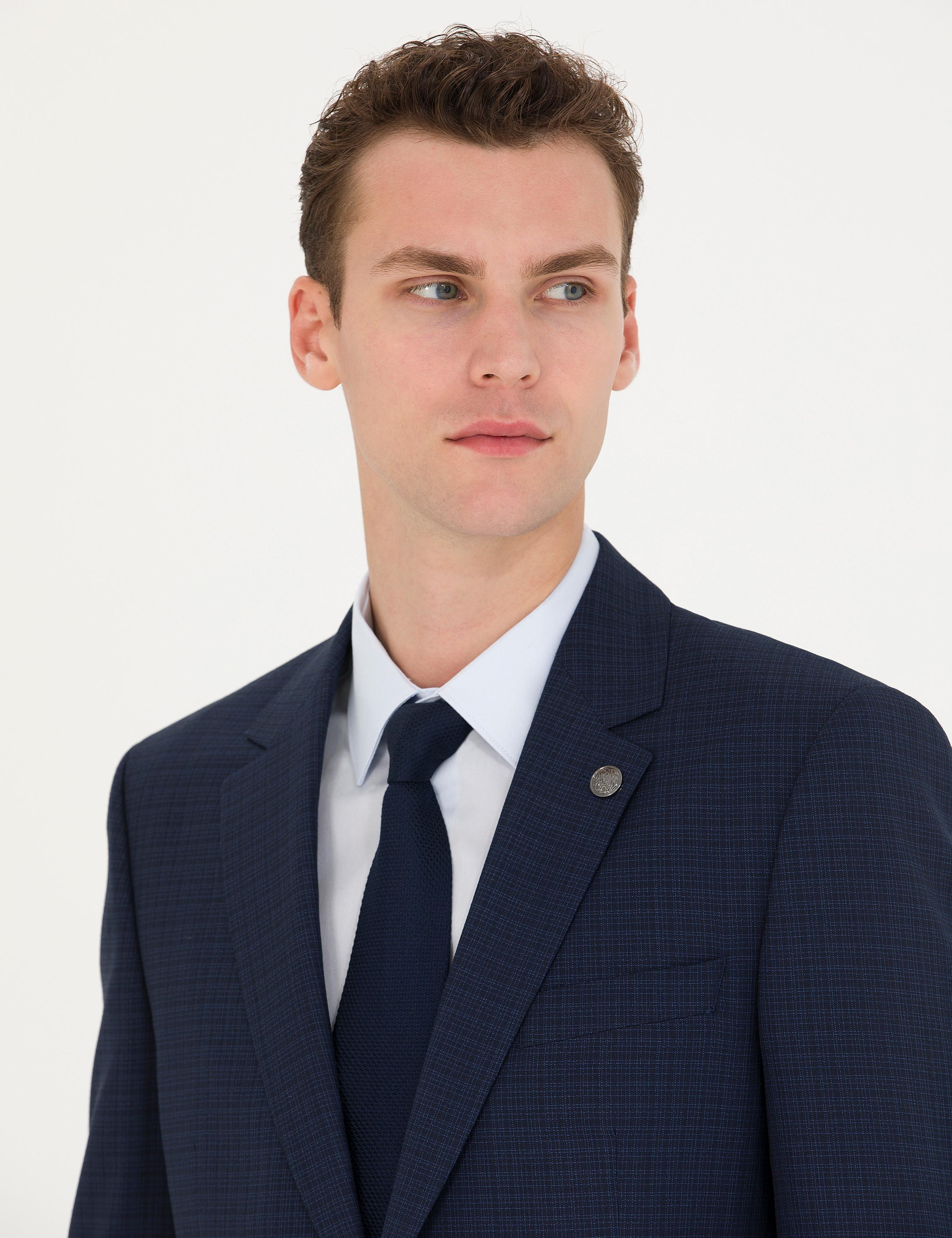 Kareli Lacivert Slim Fit Takım Elbise