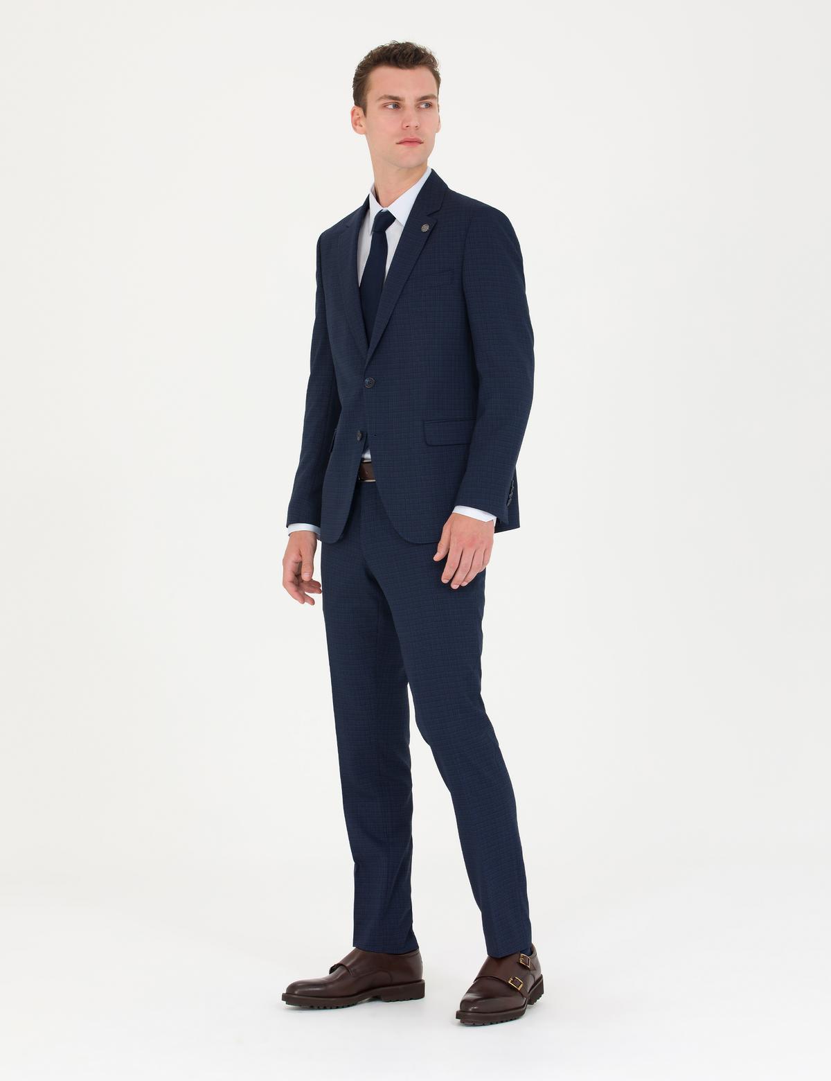 Kareli Lacivert Slim Fit Takım Elbise - 50277158044