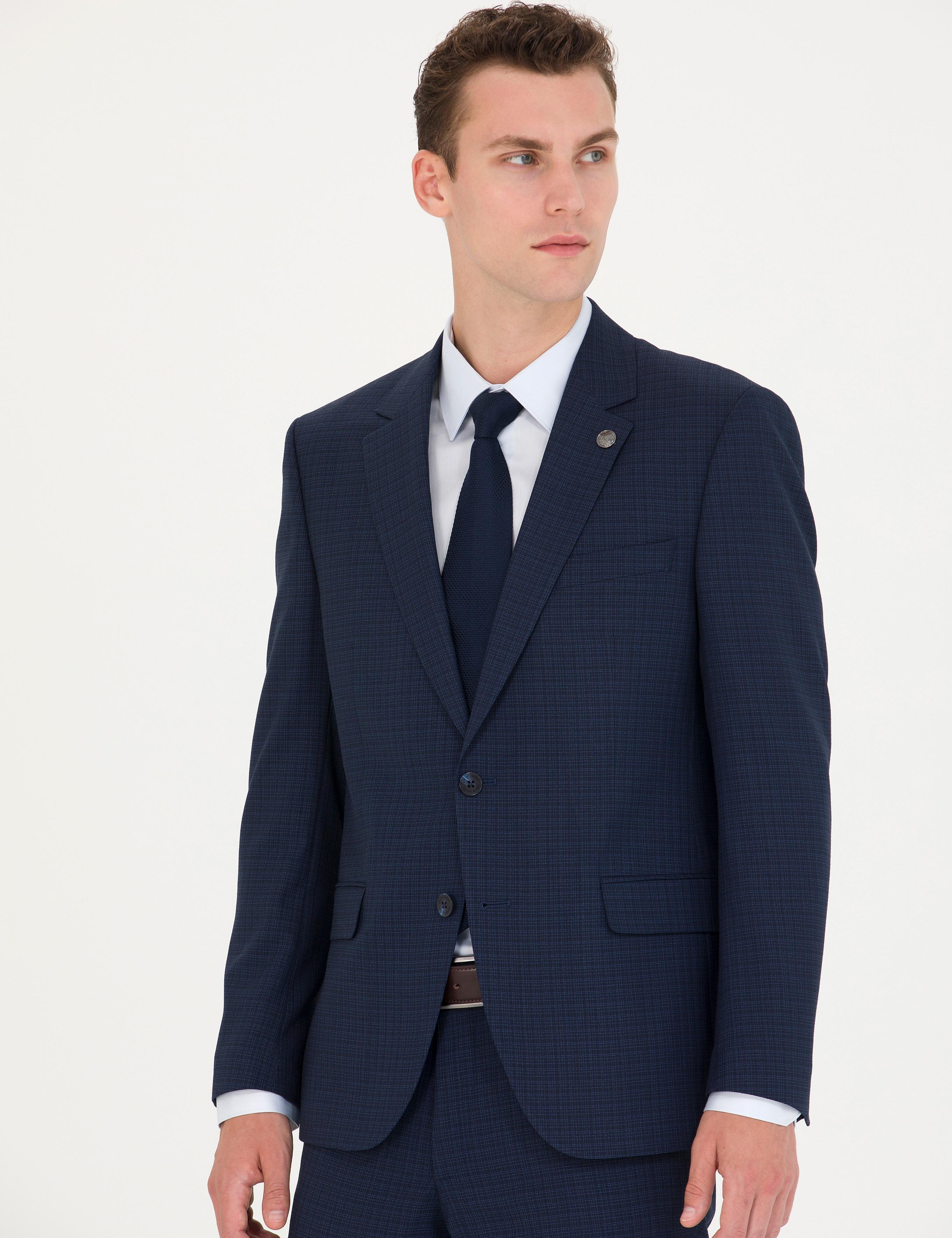 Kareli Lacivert Slim Fit Takım Elbise