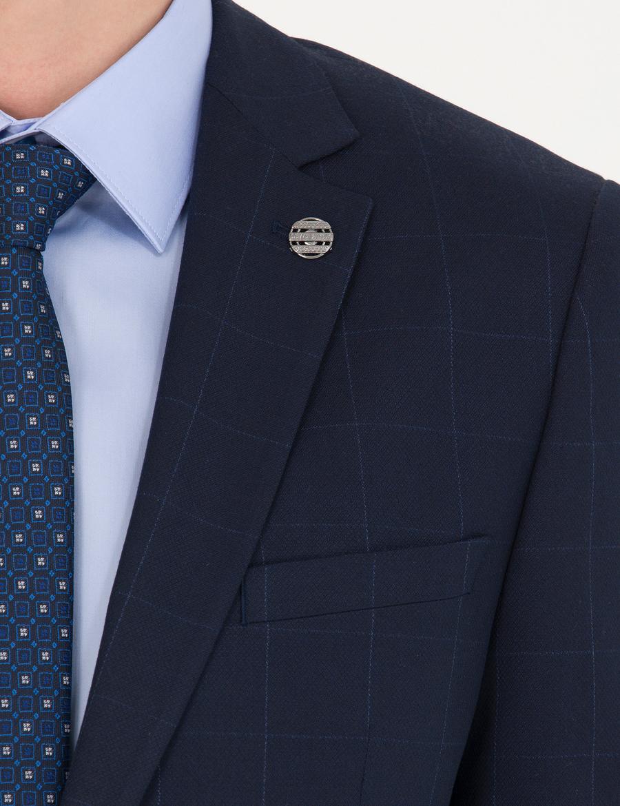 Ekose Lacivert Ekstra Slim Fit Takım Elbise