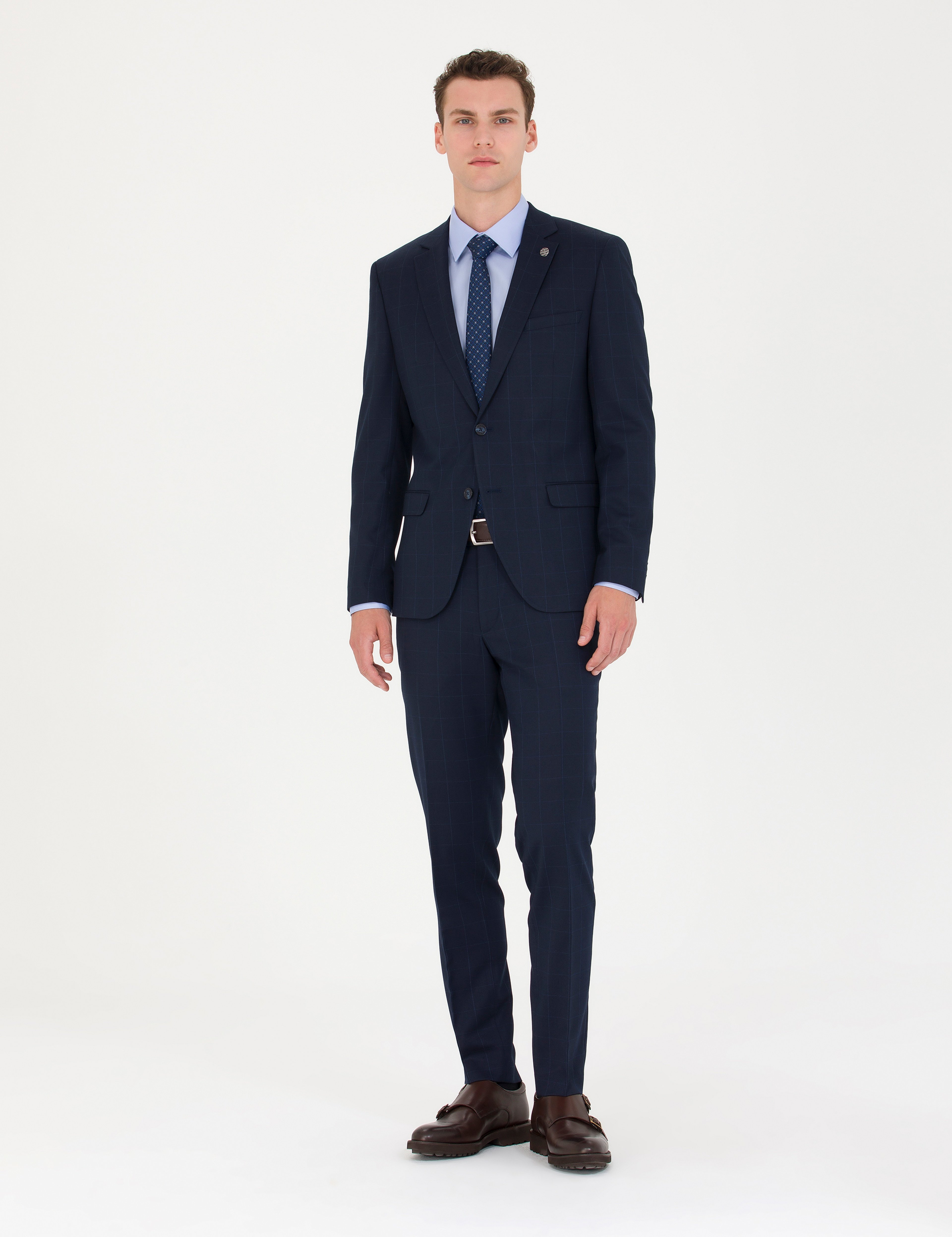 Ekose Lacivert Ekstra Slim Fit Takım Elbise - Image 1