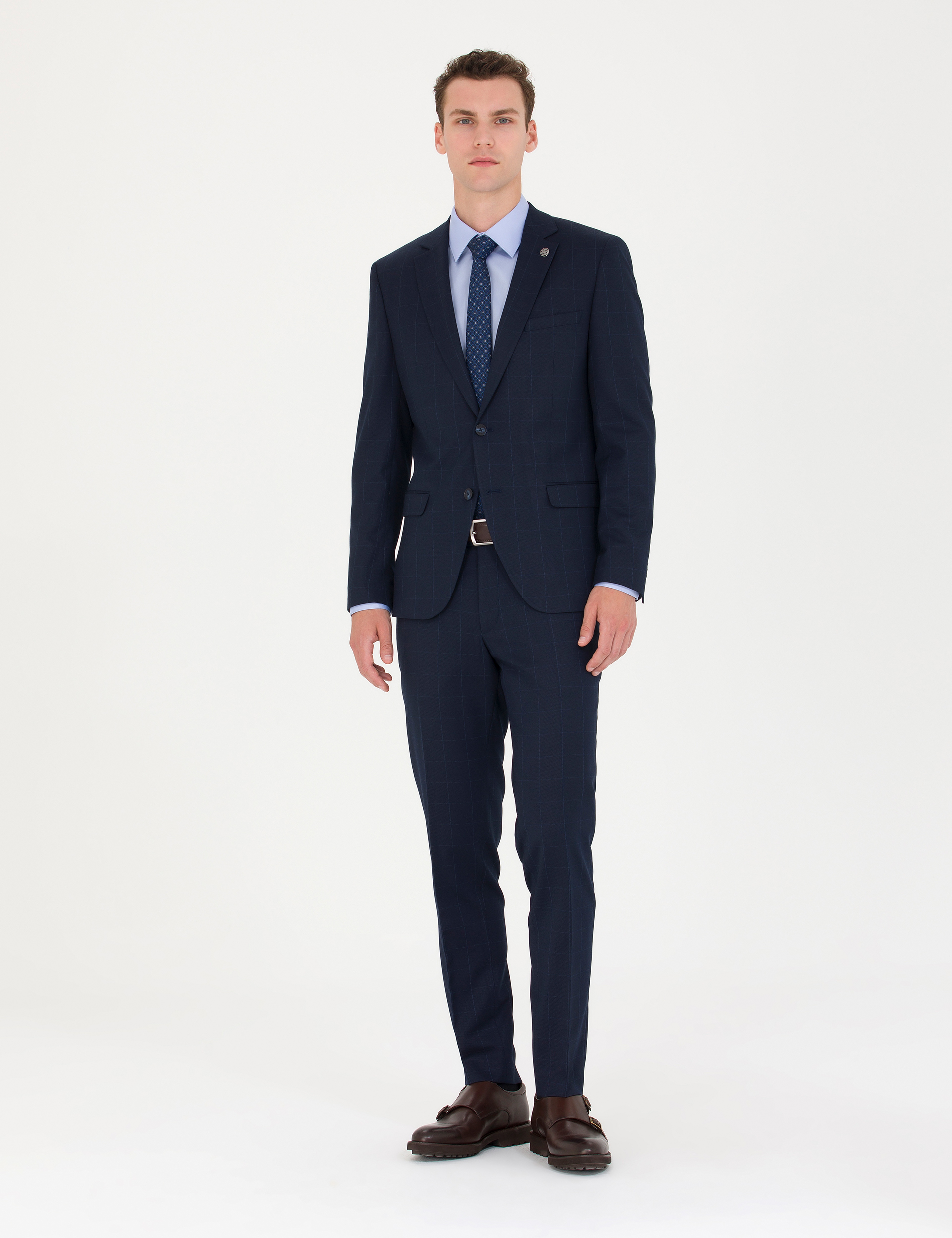 Ekose Lacivert Ekstra Slim Fit Takım Elbise