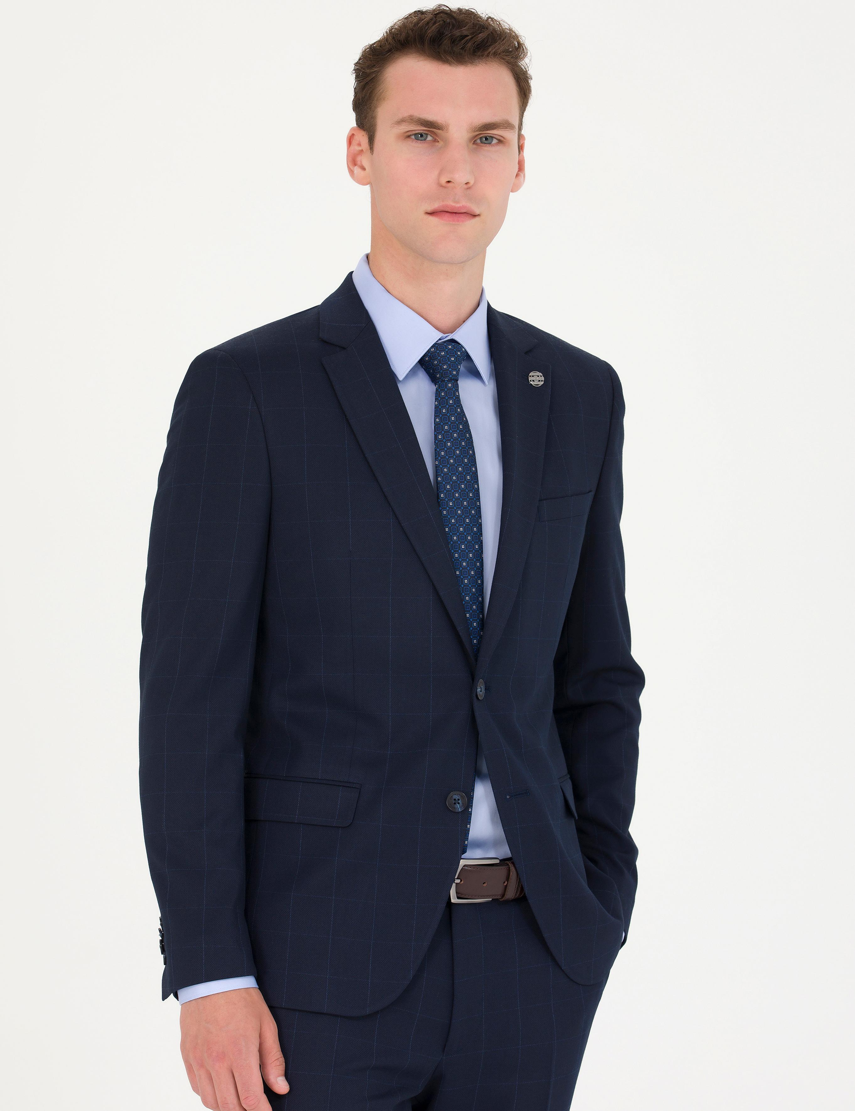 Ekose Lacivert Ekstra Slim Fit Takım Elbise