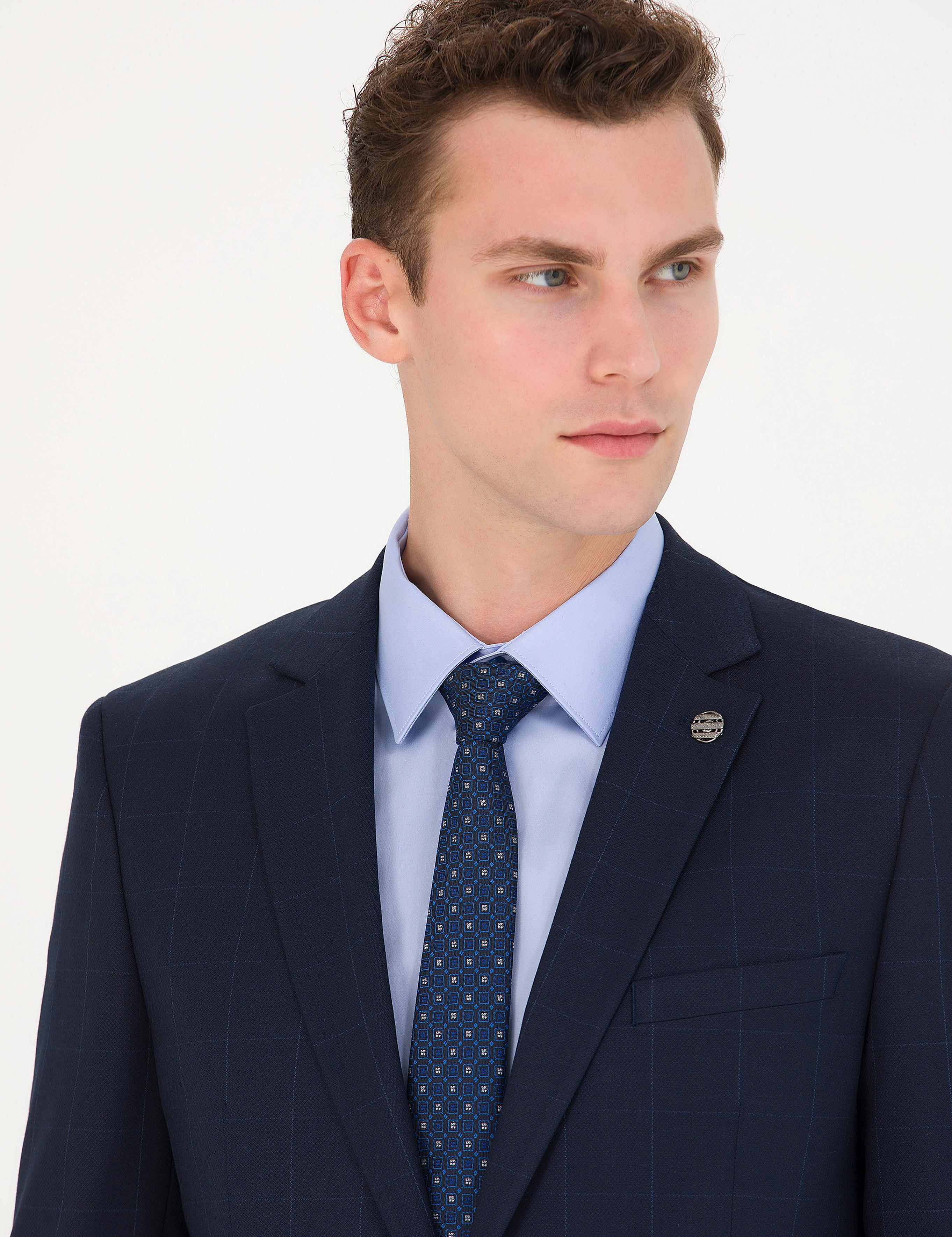 Ekose Lacivert Ekstra Slim Fit Takım Elbise