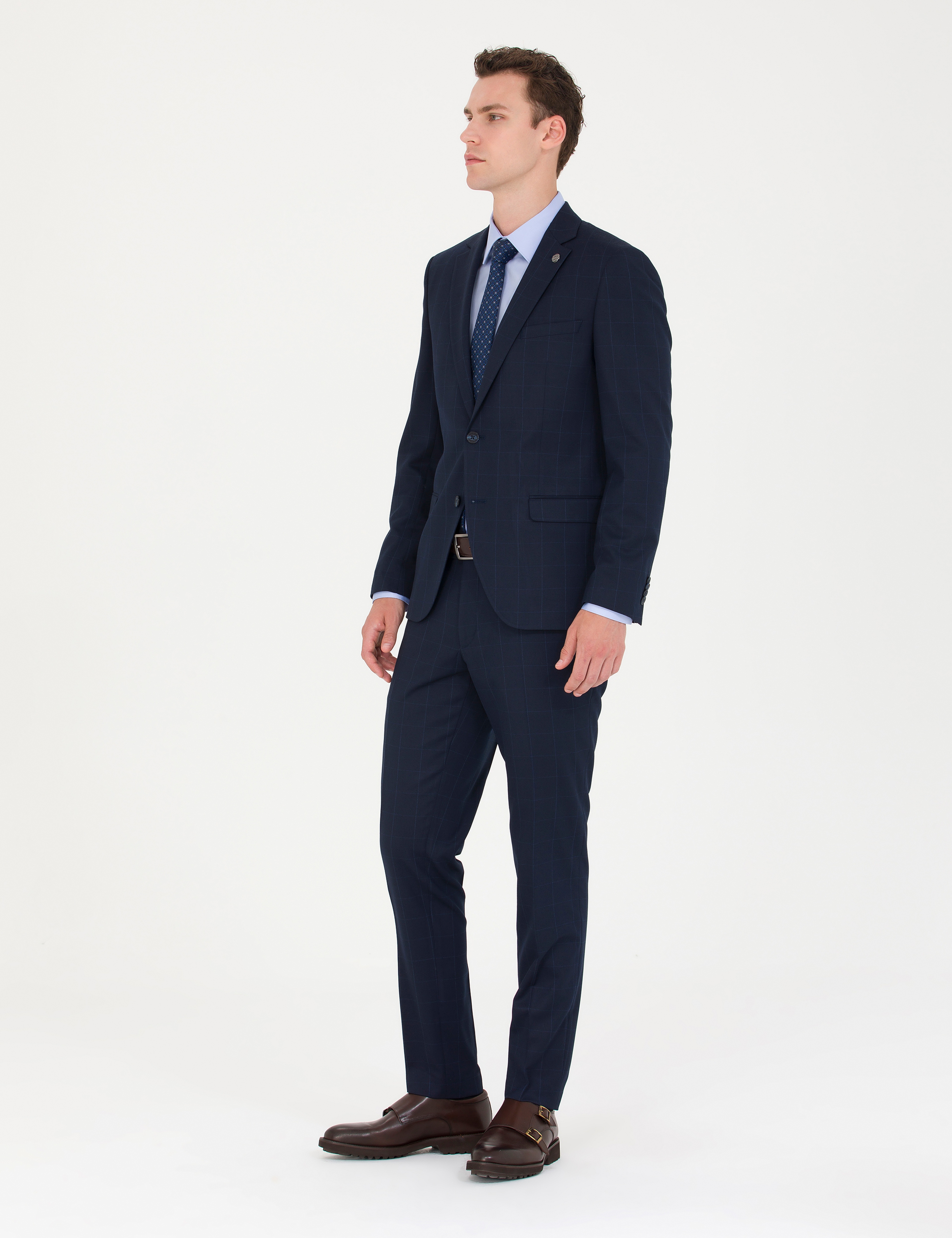 Ekose Lacivert Ekstra Slim Fit Takım Elbise
