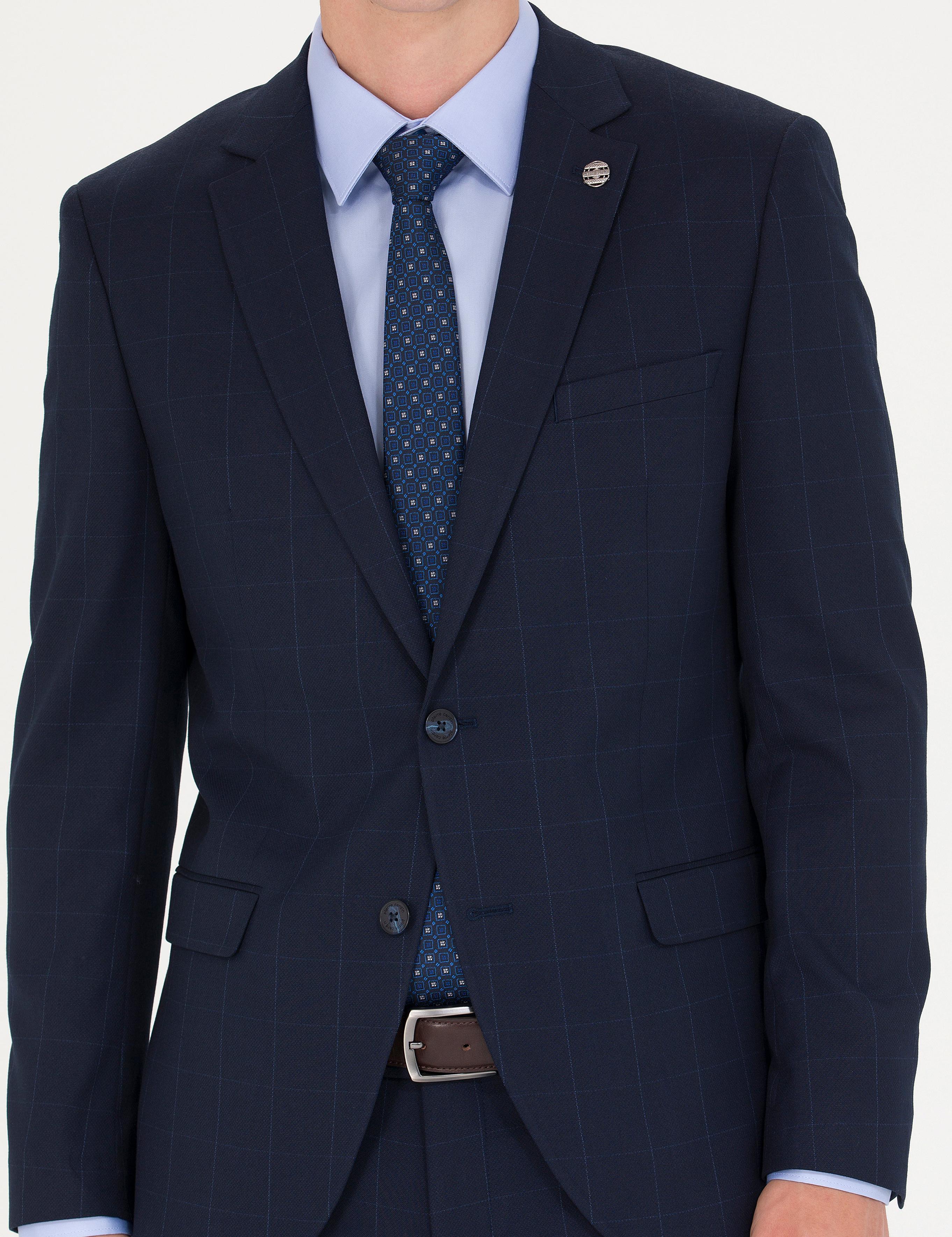 Ekose Lacivert Ekstra Slim Fit Takım Elbise