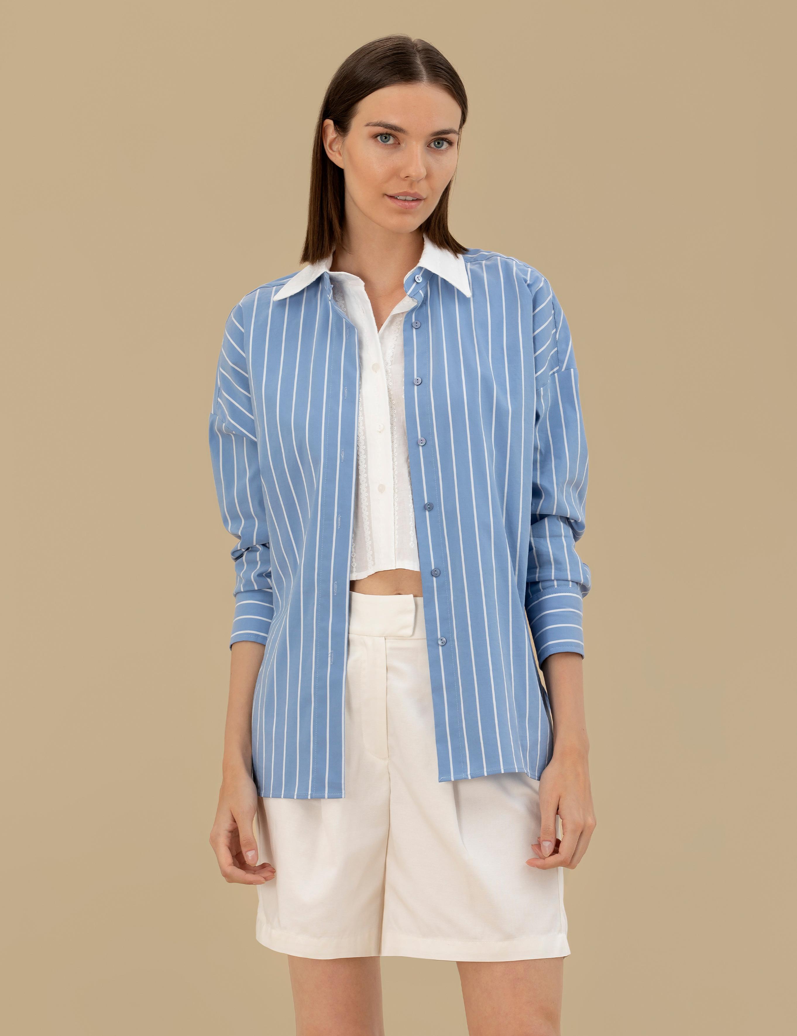 Mavi Oversize Uzun Kollu Çizgili Gömlek