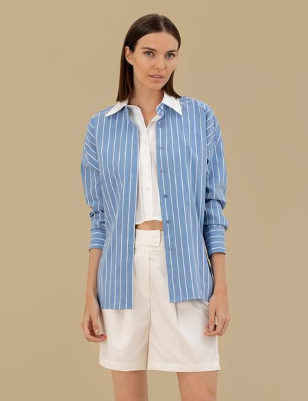 Mavi Oversize Uzun Kollu Çizgili Gömlek - 50262544018