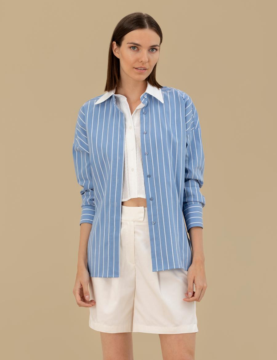 Mavi Oversize Uzun Kollu Çizgili Gömlek
