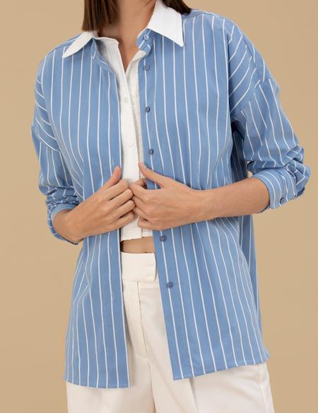 Mavi Oversize Uzun Kollu Çizgili Gömlek - 50262544018