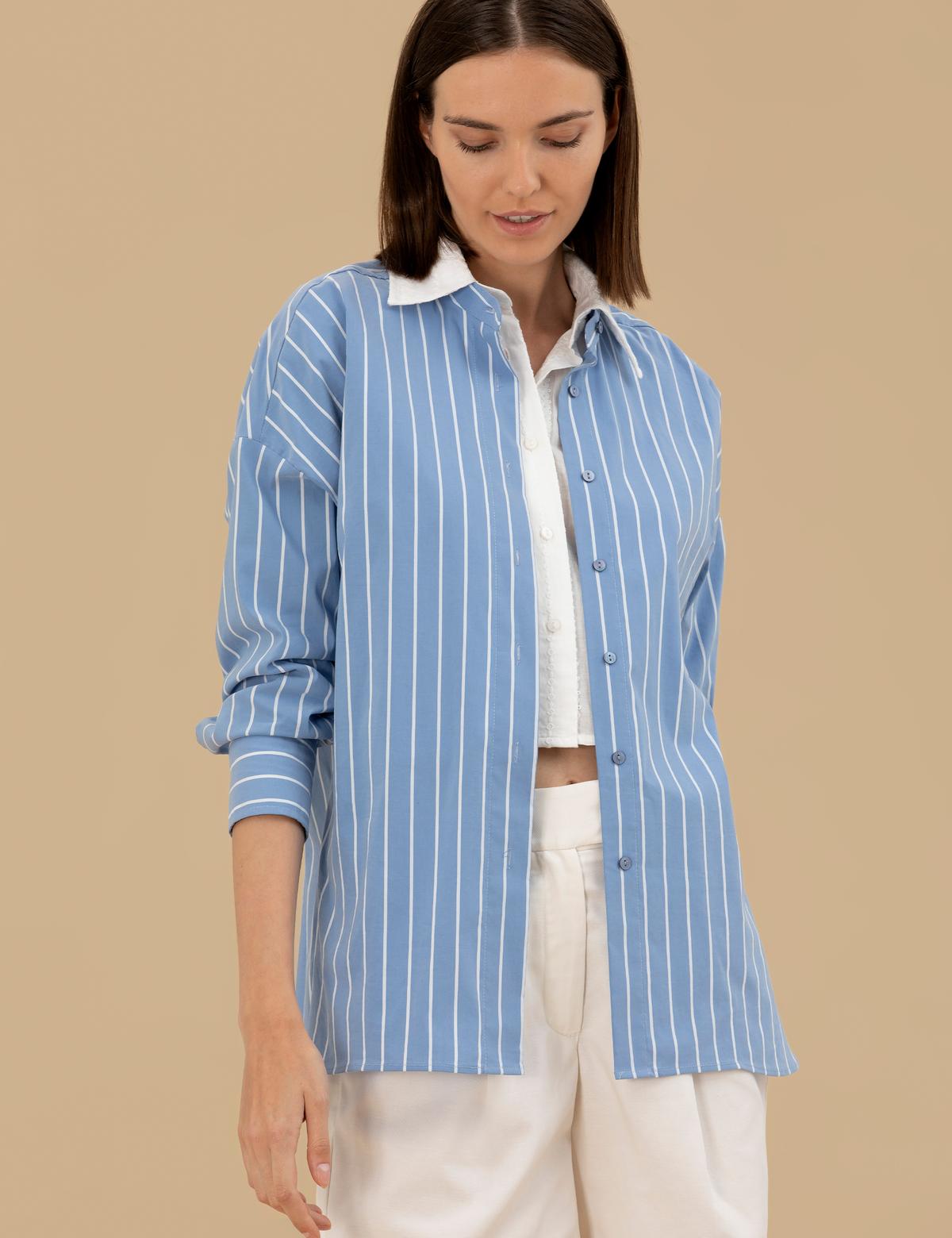 Mavi Oversize Uzun Kollu Çizgili Gömlek - 50262544018