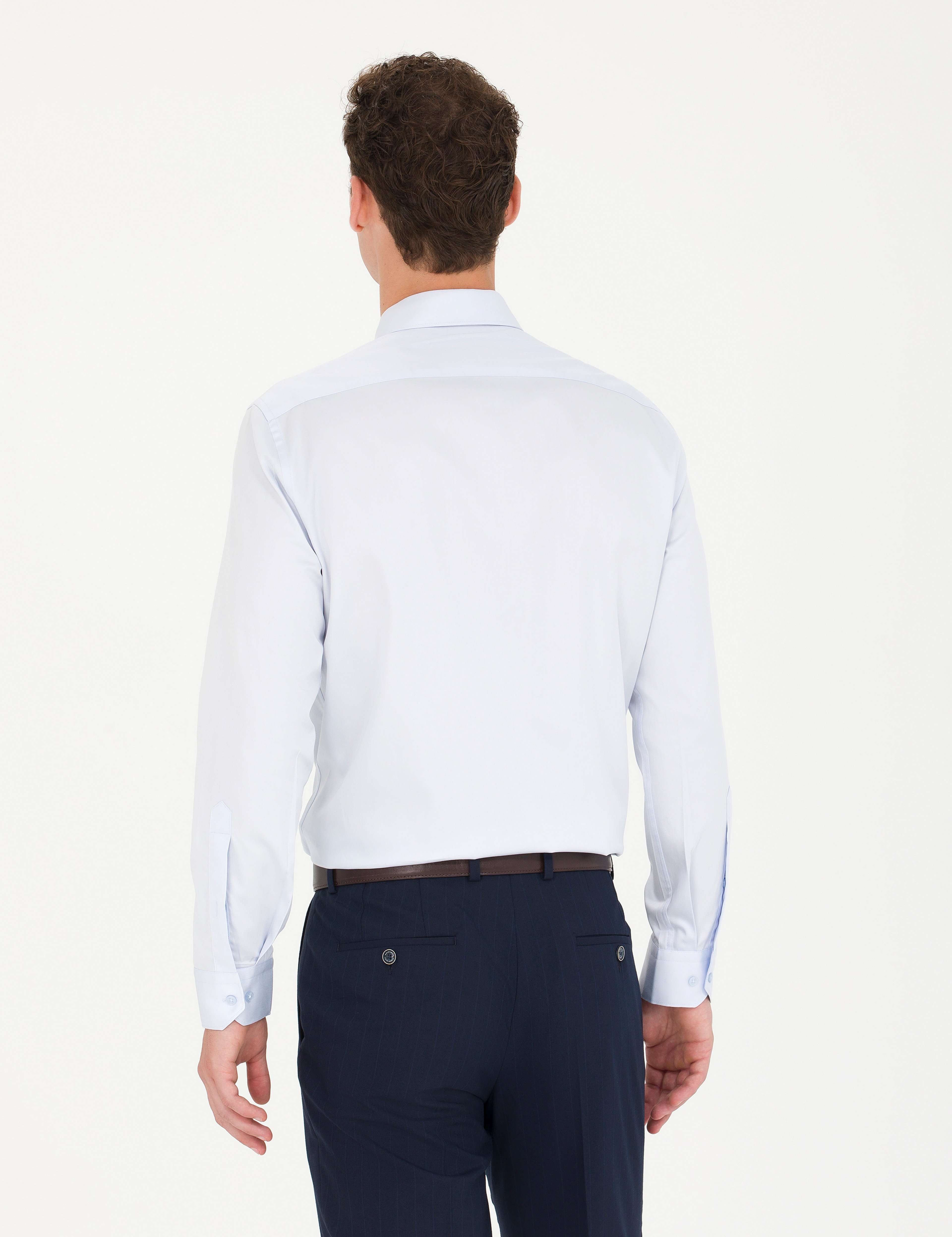 Açık Mavi %100 Pamuk Parlak Saten Slim Fit Uzun Kollu Basic Gömlek - Image 5