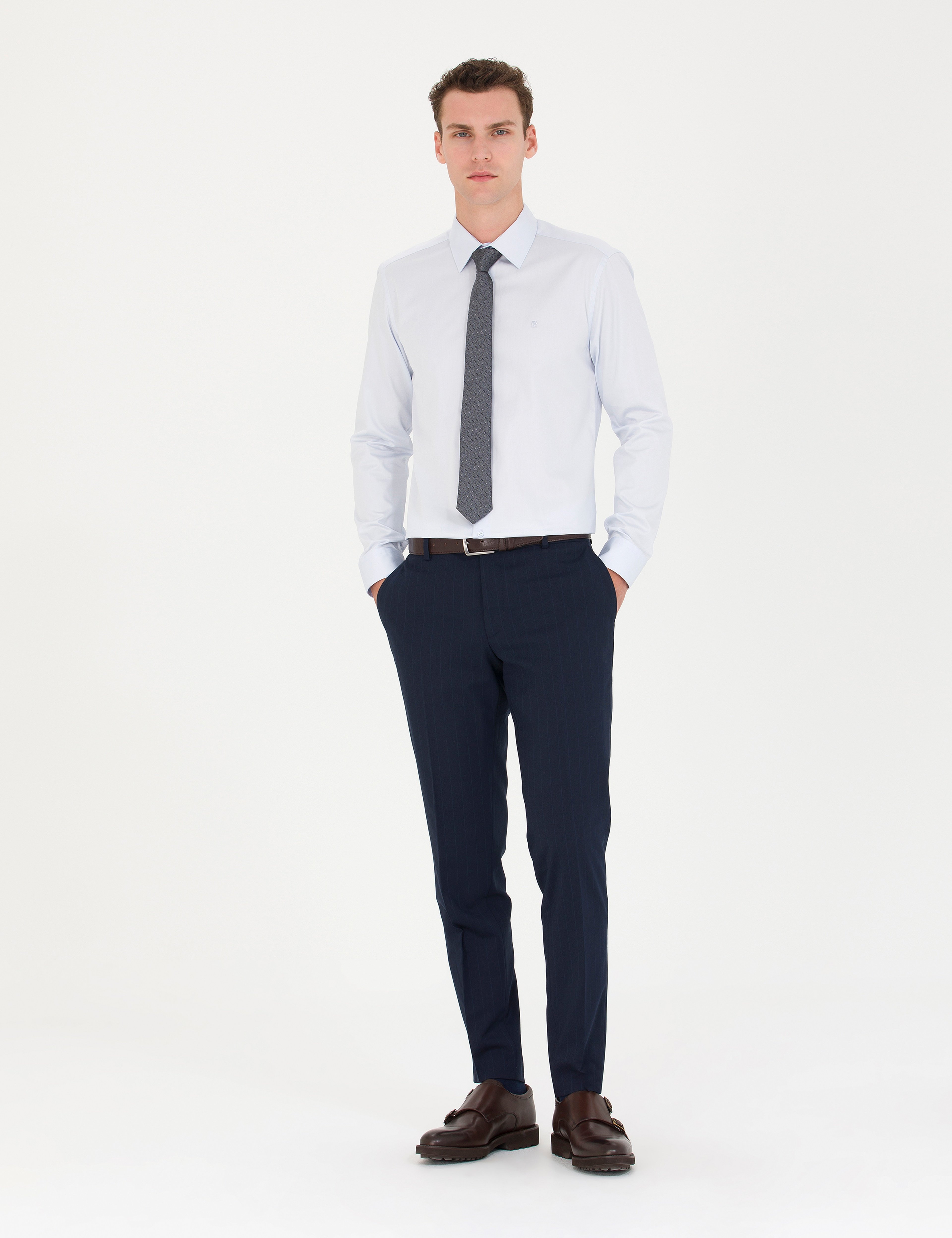 Açık Mavi %100 Pamuk Parlak Saten Slim Fit Uzun Kollu Basic Gömlek