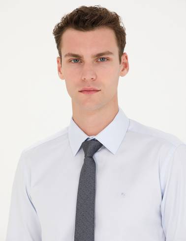 Açık Mavi %100 Pamuk Parlak Saten Slim Fit Uzun Kollu Basic Gömlek