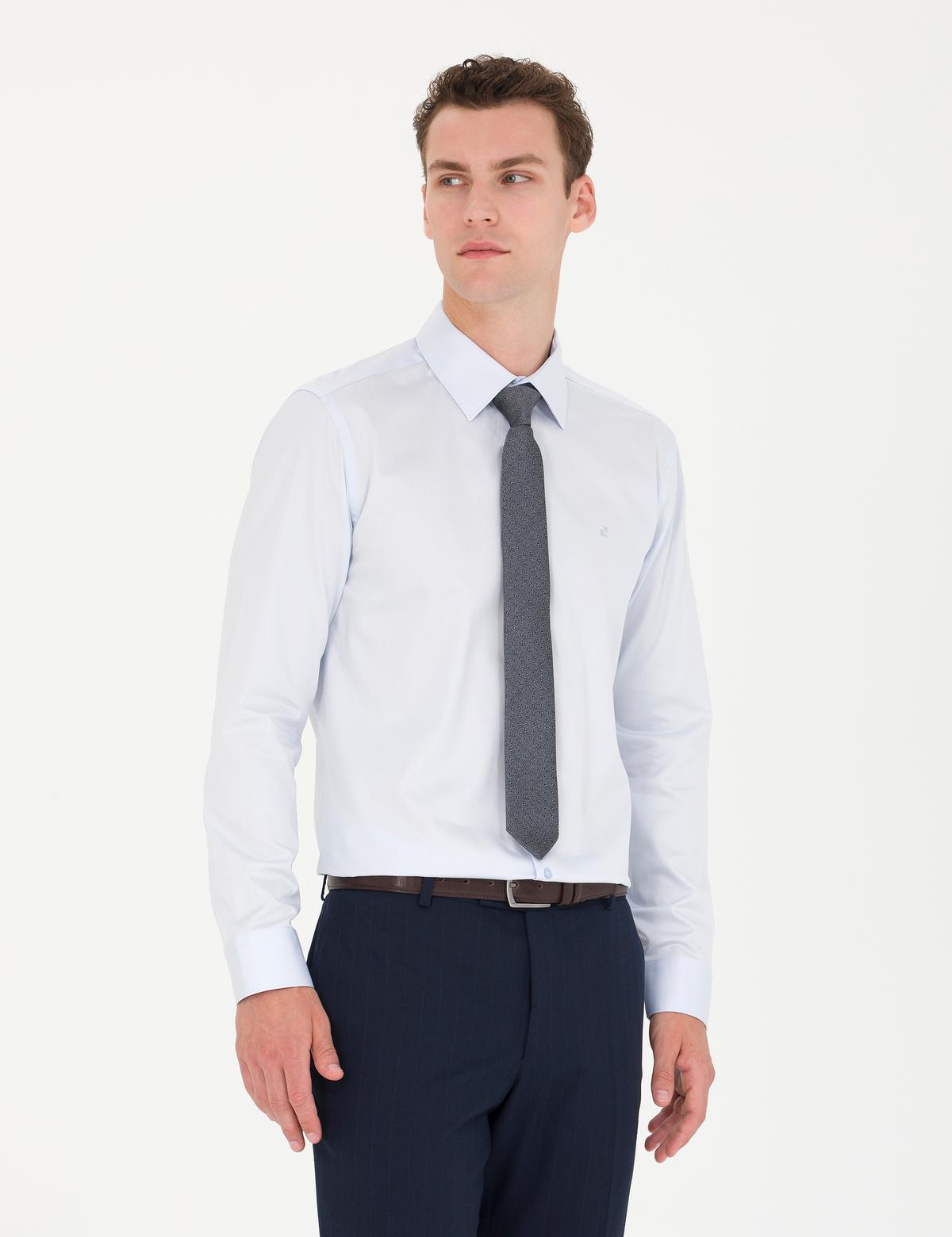 Açık Mavi Parlak Saten Slim Fit Uzun Kollu Basic Gömlek - 50277147007