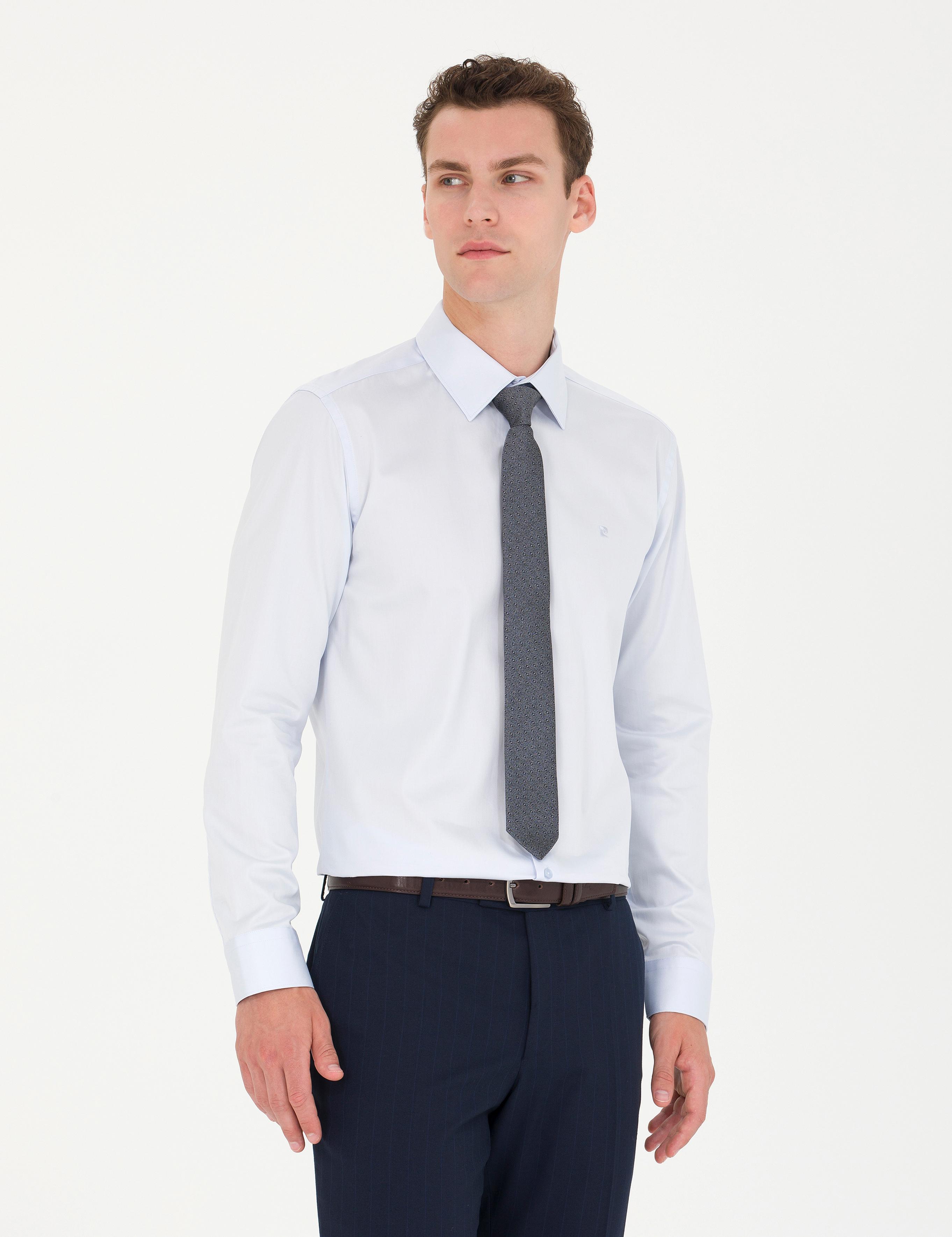 Açık Mavi Parlak Saten Slim Fit Uzun Kollu Basic Gömlek