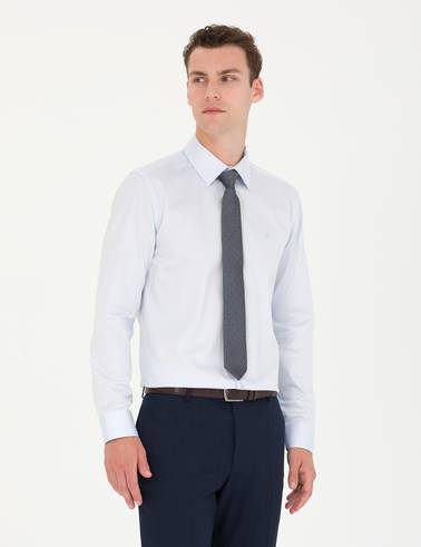 Açık Mavi %100 Pamuk Parlak Saten Slim Fit Uzun Kollu Basic Gömlek
