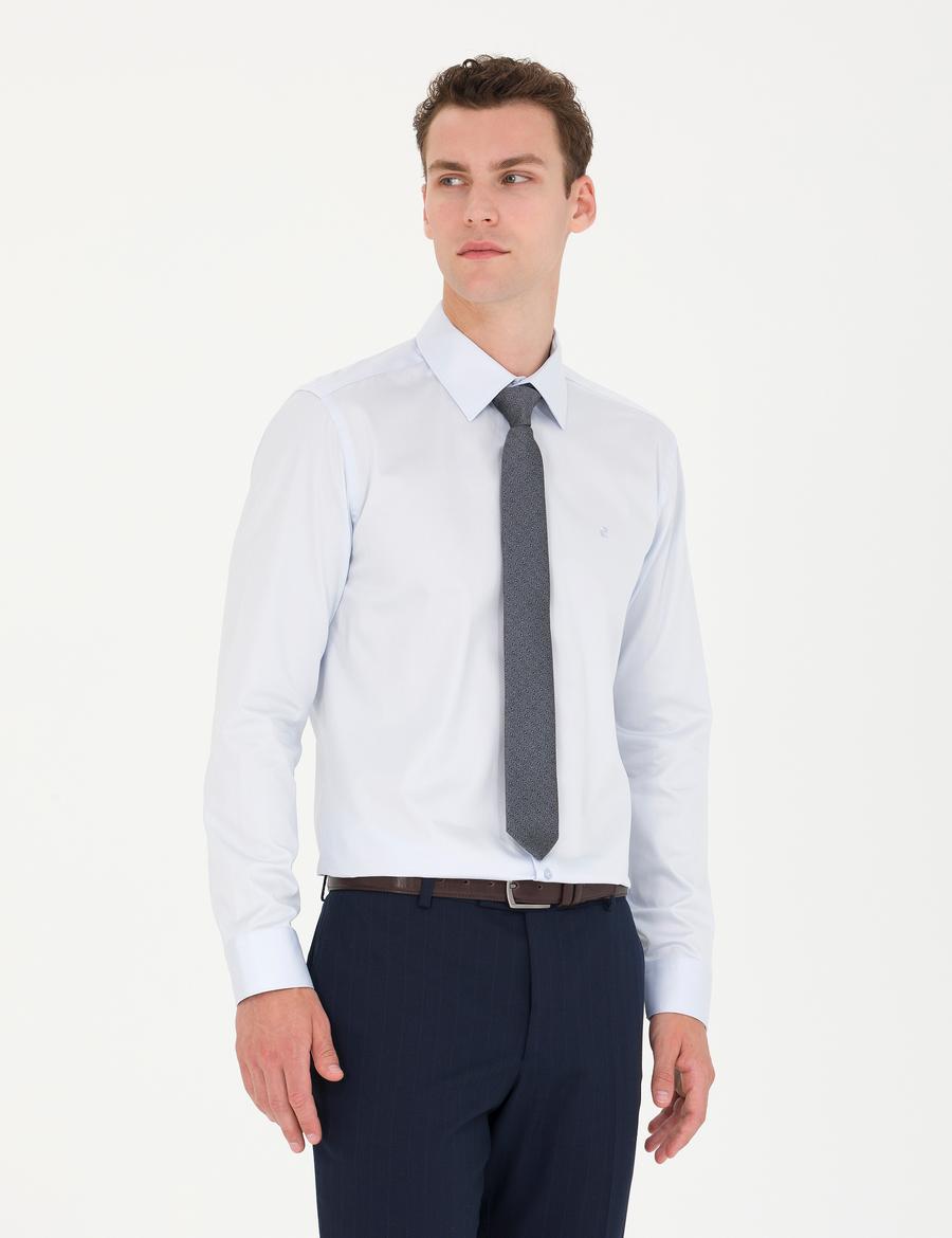 Açık Mavi Parlak Saten Slim Fit Uzun Kollu Basic Gömlek