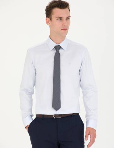 Açık Mavi %100 Pamuk Parlak Saten Slim Fit Uzun Kollu Basic Gömlek