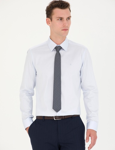 Açık Mavi %100 Pamuk Parlak Saten Slim Fit Uzun Kollu Basic Gömlek