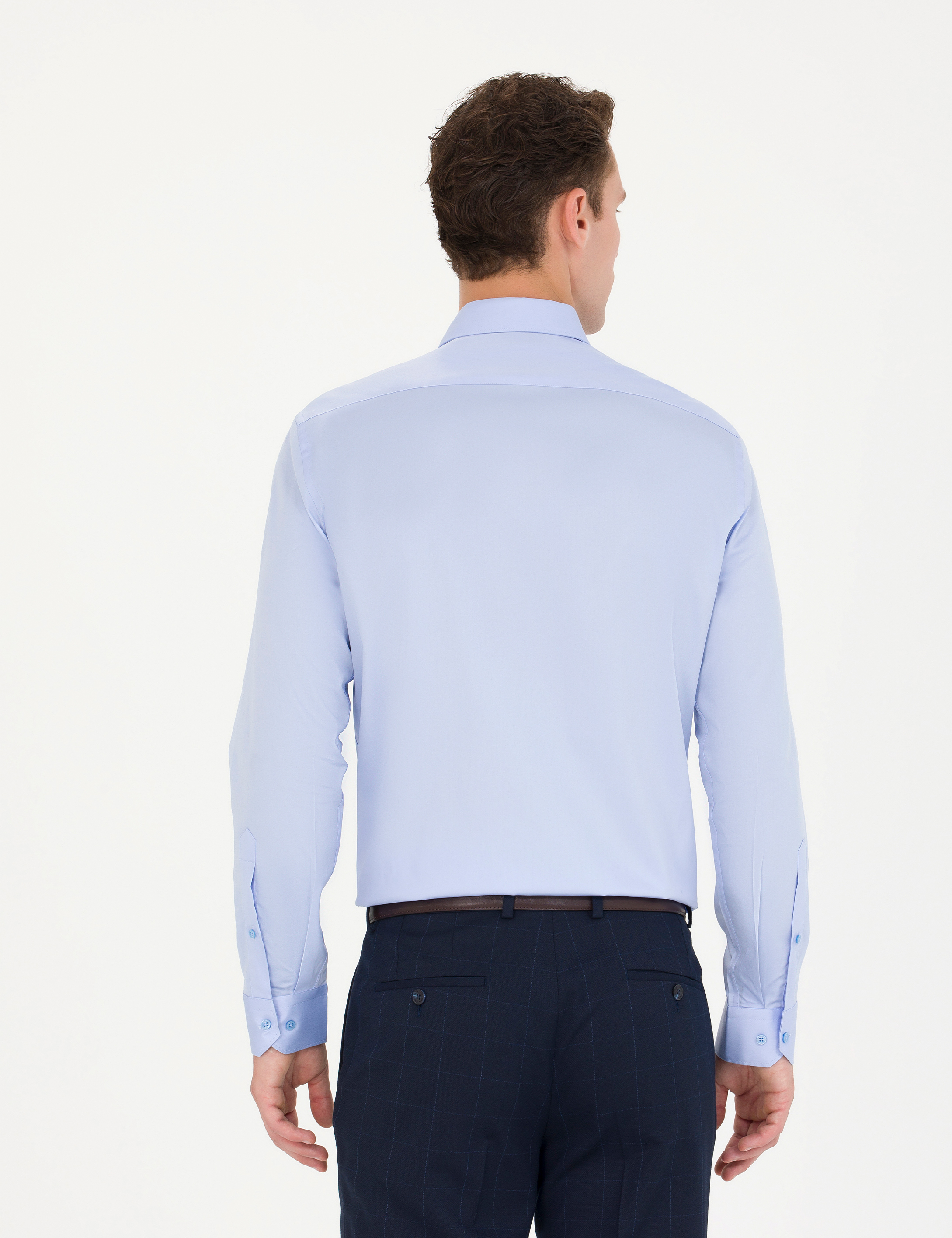 Pierre Cardin Koyu Mavi %100 Pamuk Parlak Saten Slim Fit Uzun Kollu Basic Gömlek görsel 5