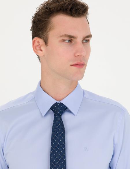 Koyu Mavi Parlak Saten Slim Fit Uzun Kollu Basic Gömlek - 50277147029