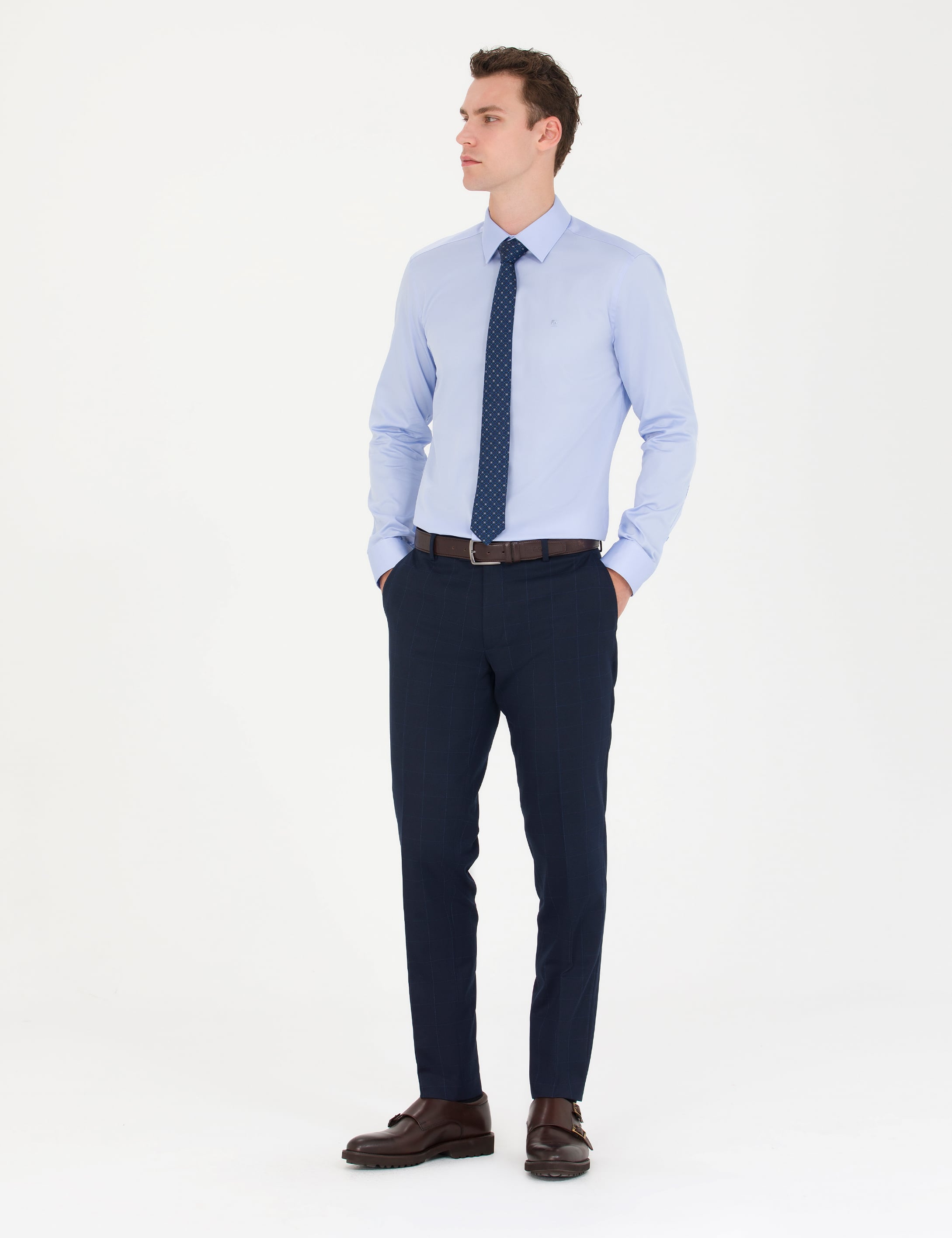 Pierre Cardin Koyu Mavi %100 Pamuk Parlak Saten Slim Fit Uzun Kollu Basic Gömlek görsel 4
