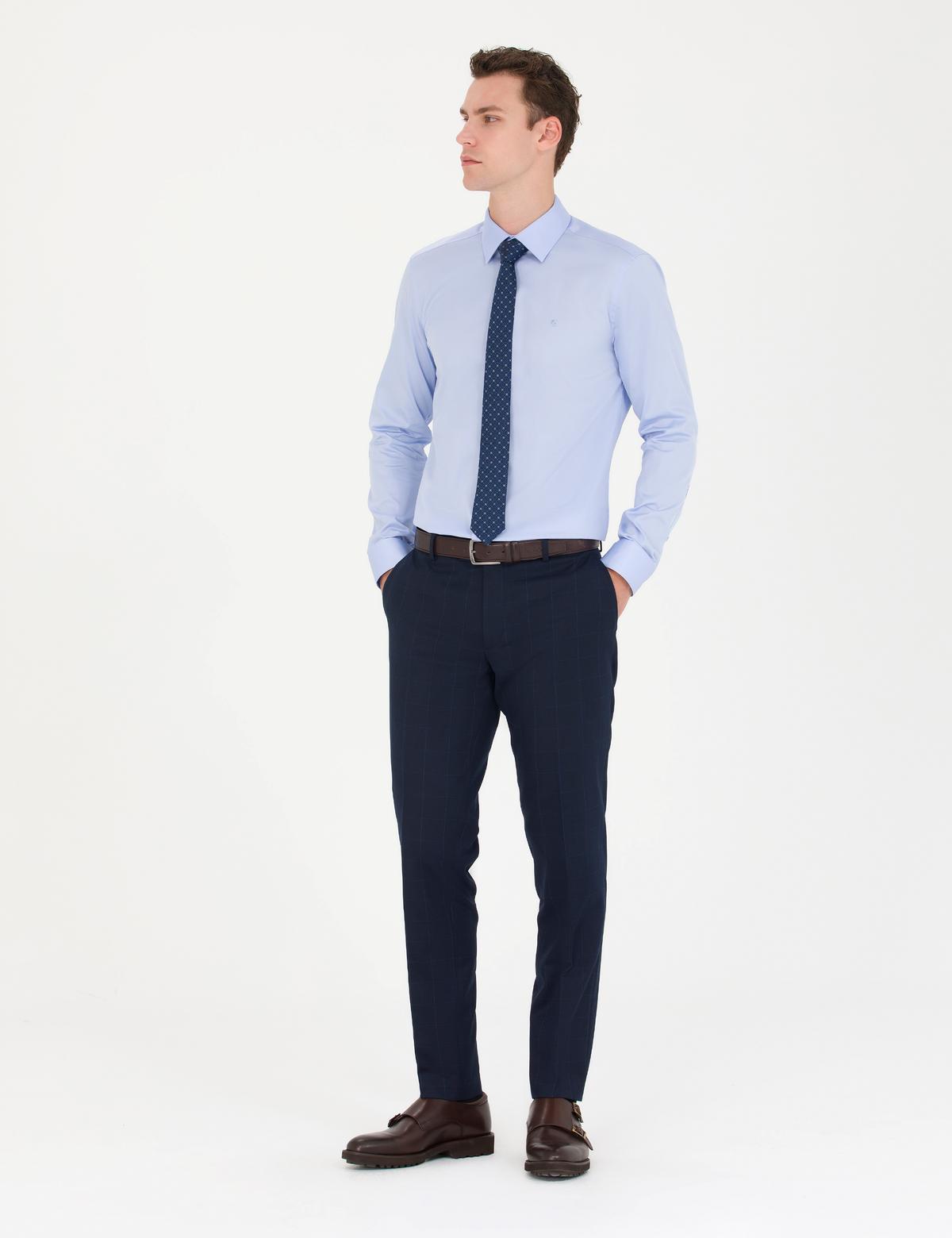 Koyu Mavi Parlak Saten Slim Fit Uzun Kollu Basic Gömlek - 50277147029