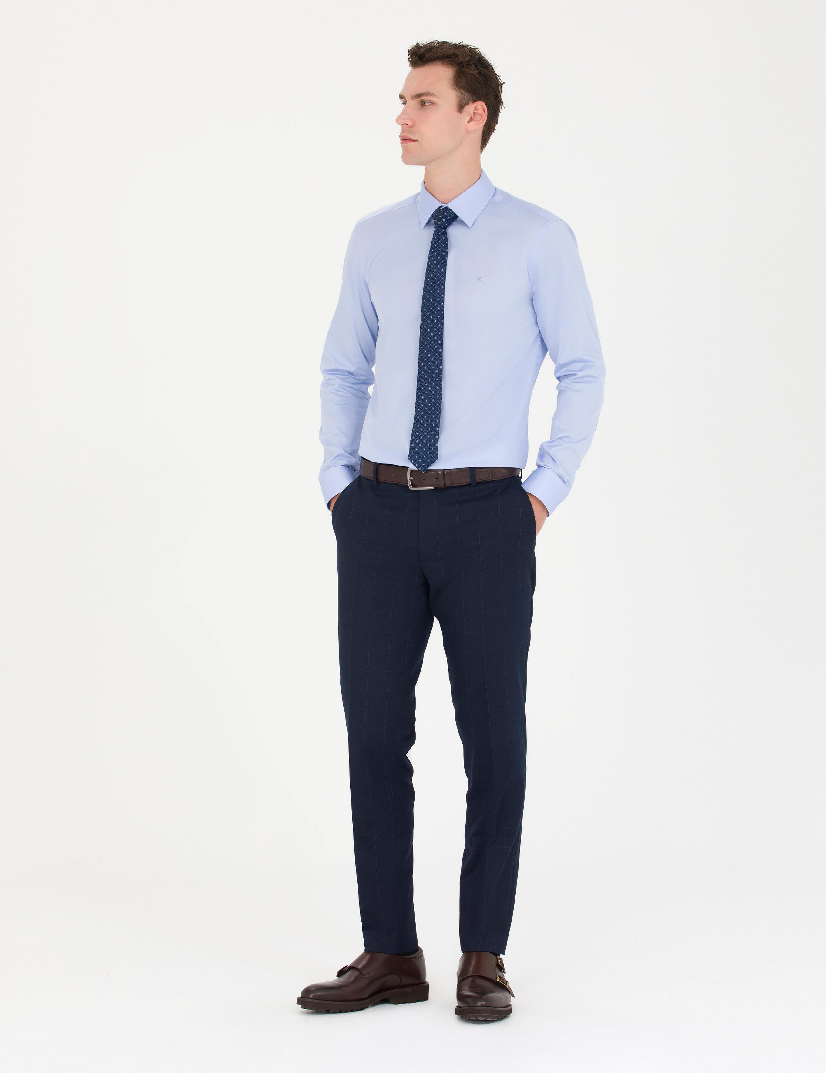 Koyu Mavi Parlak Saten Slim Fit Uzun Kollu Basic Gömlek