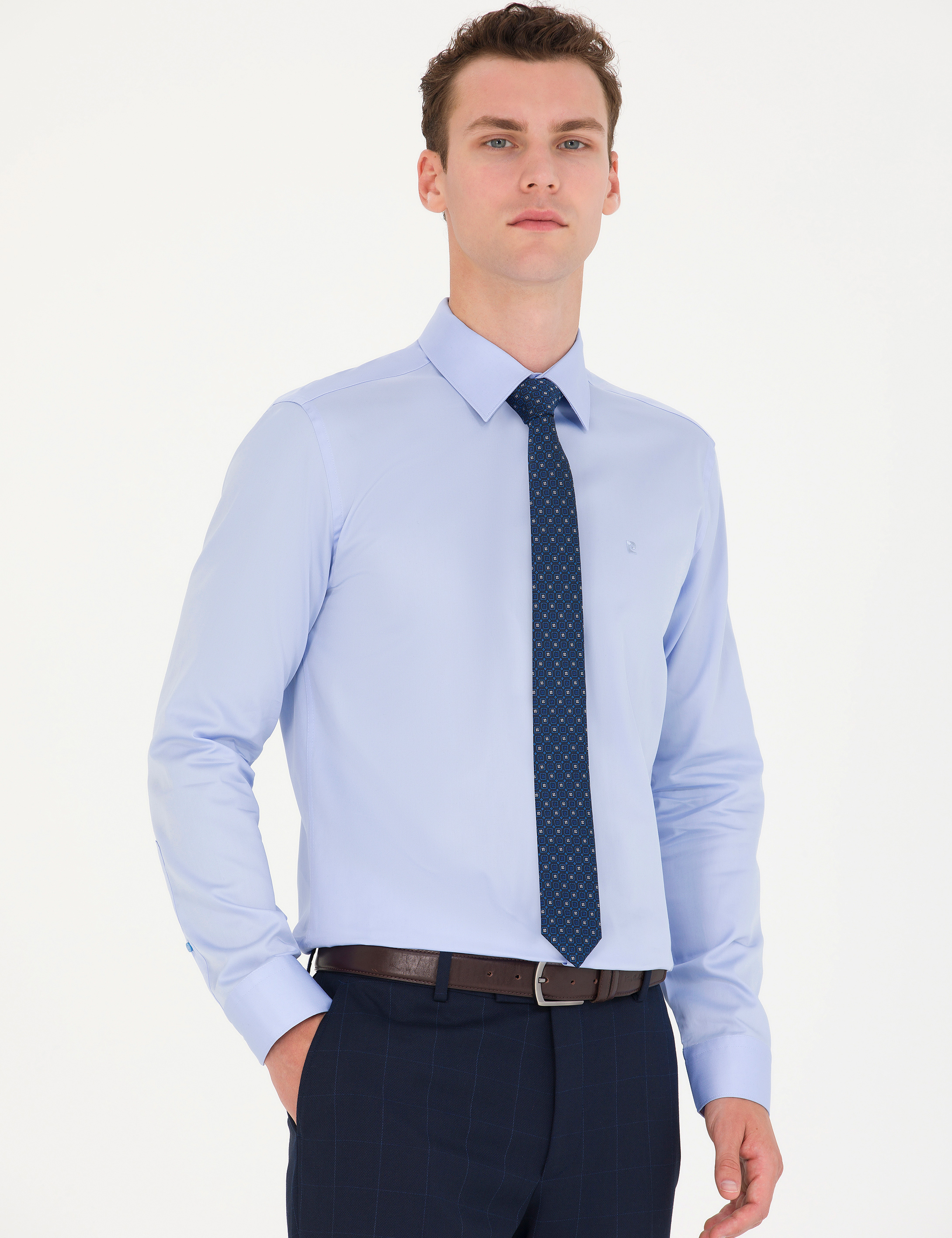 Pierre Cardin Koyu Mavi %100 Pamuk Parlak Saten Slim Fit Uzun Kollu Basic Gömlek görsel 3