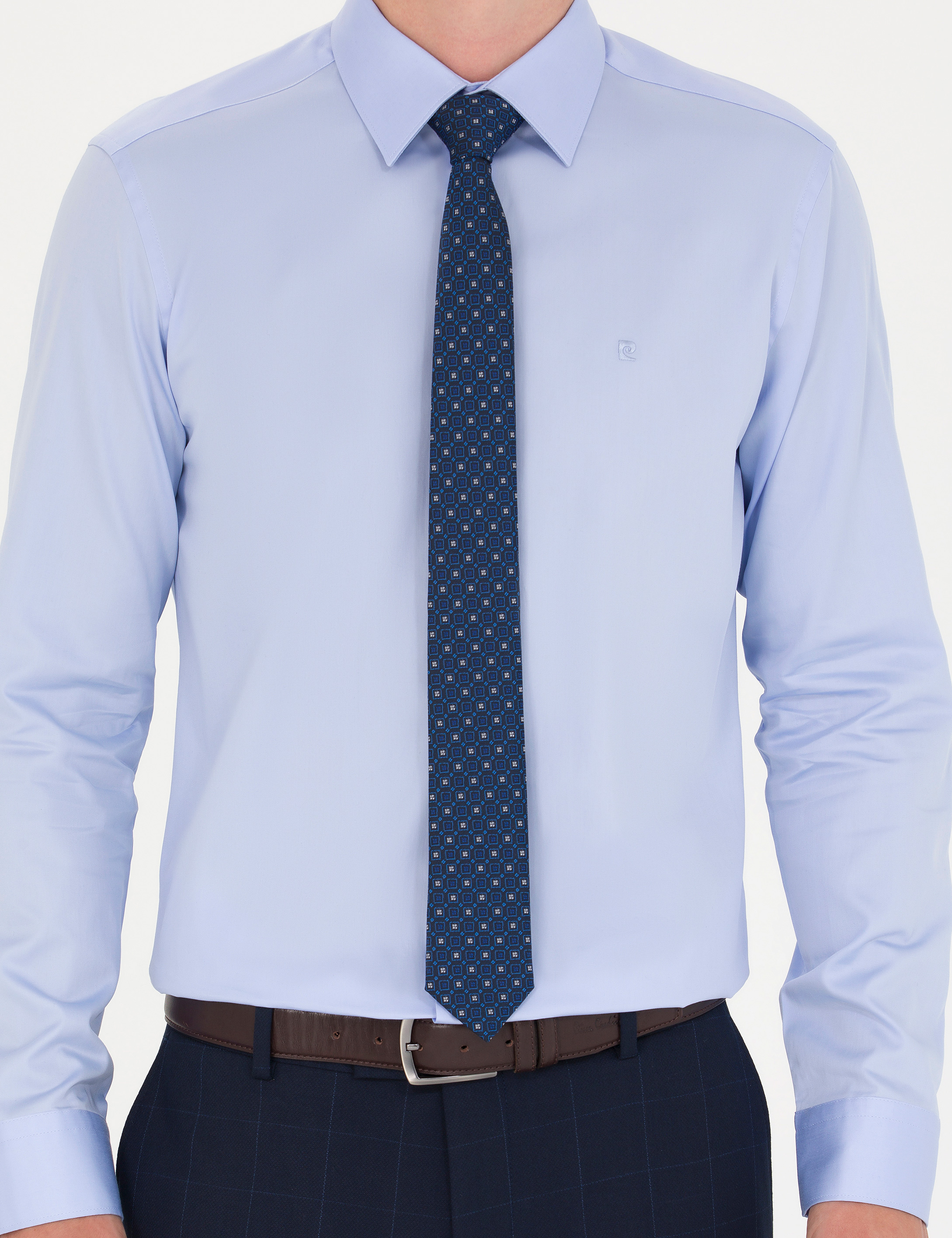 Pierre Cardin Koyu Mavi %100 Pamuk Parlak Saten Slim Fit Uzun Kollu Basic Gömlek görsel 6