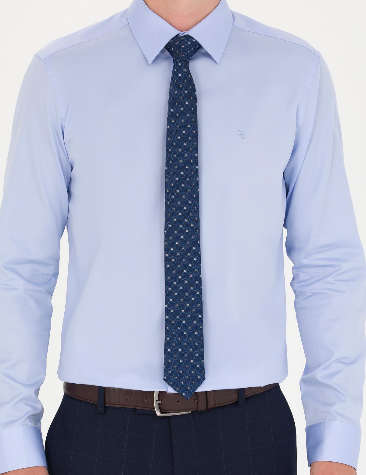 Koyu Mavi Parlak Saten Slim Fit Uzun Kollu Basic Gömlek - 50277147029