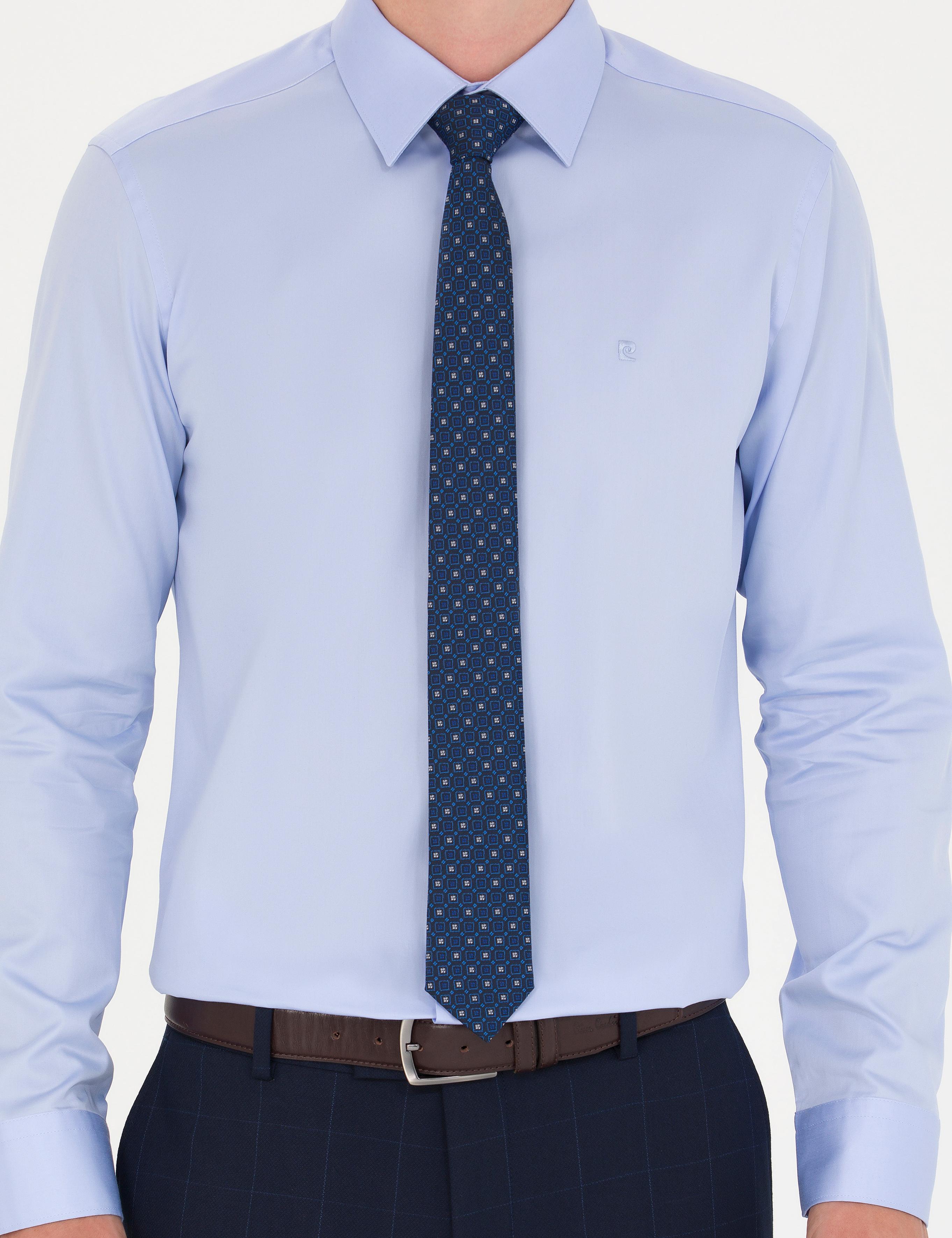 Koyu Mavi Parlak Saten Slim Fit Uzun Kollu Basic Gömlek