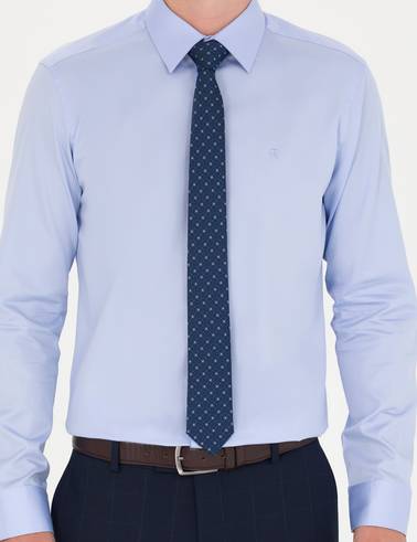 Koyu Mavi %100 Pamuk Parlak Saten Slim Fit Uzun Kollu Basic Gömlek