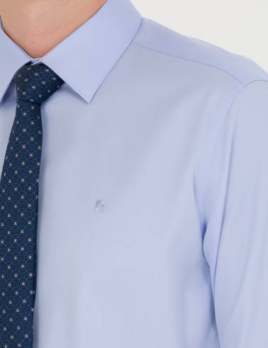 Koyu Mavi %100 Pamuk Parlak Saten Slim Fit Uzun Kollu Basic Gömlek