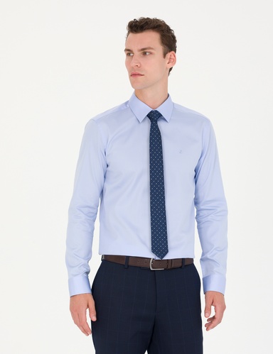 Koyu Mavi %100 Pamuk Parlak Saten Slim Fit Uzun Kollu Basic Gömlek