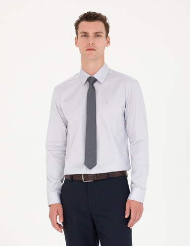 Gri %100 Pamuk Slim Fit Uzun Kollu Basic Gömlek