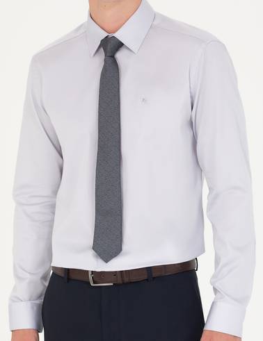 Gri %100 Pamuk Slim Fit Uzun Kollu Basic Gömlek