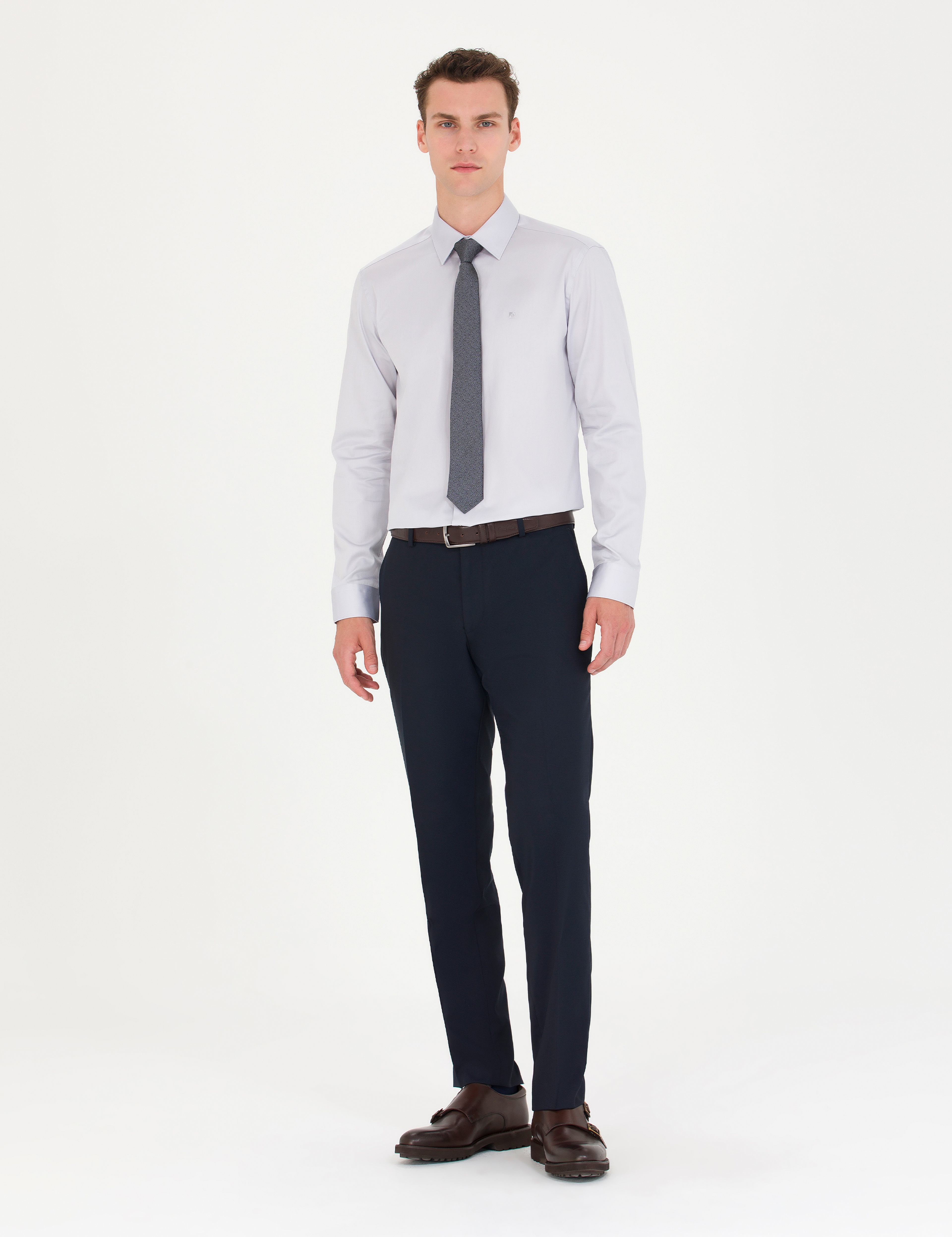 Gri %100 Pamuk Slim Fit Uzun Kollu Basic Gömlek - Image 4