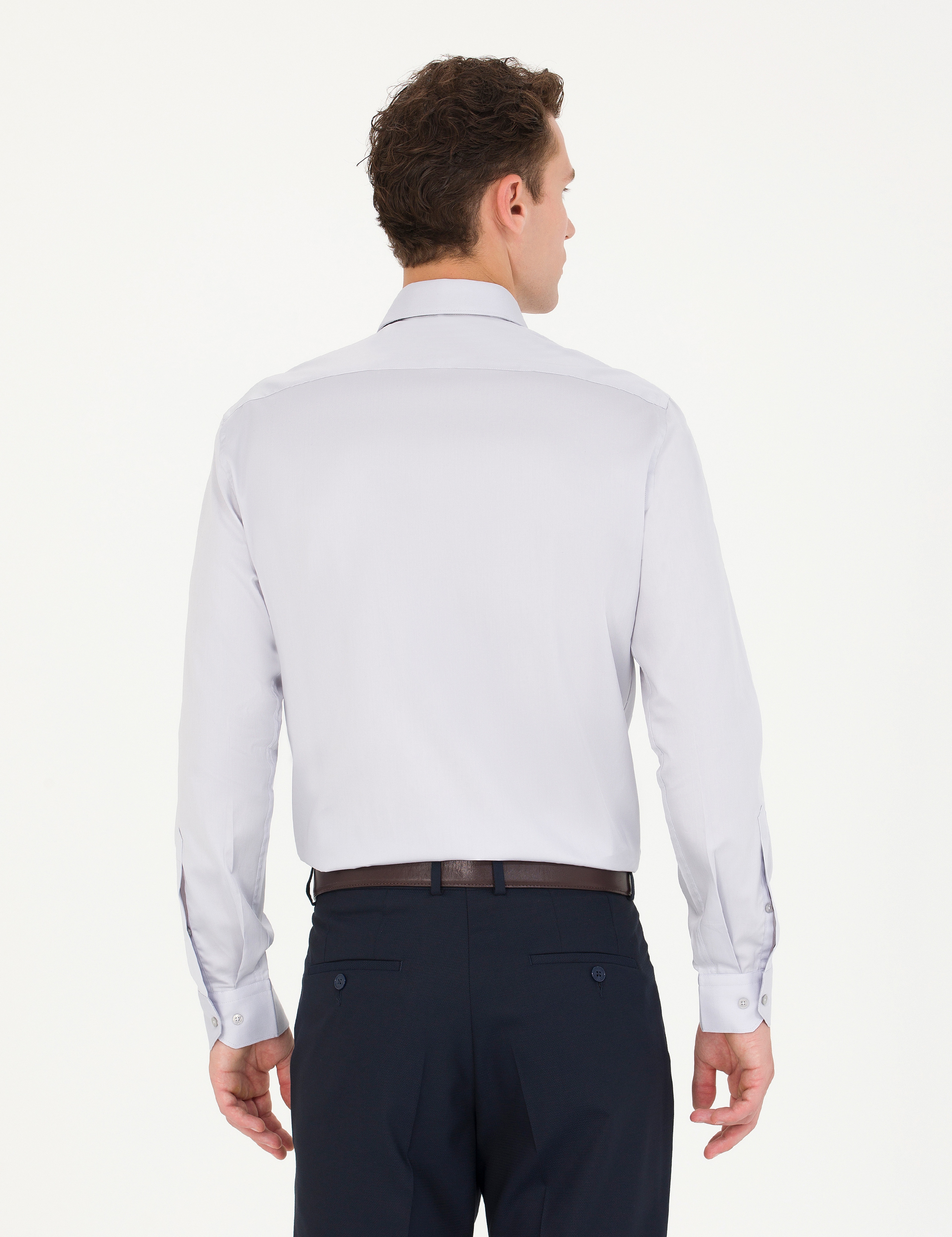 Gri %100 Pamuk Slim Fit Uzun Kollu Basic Gömlek - Image 5