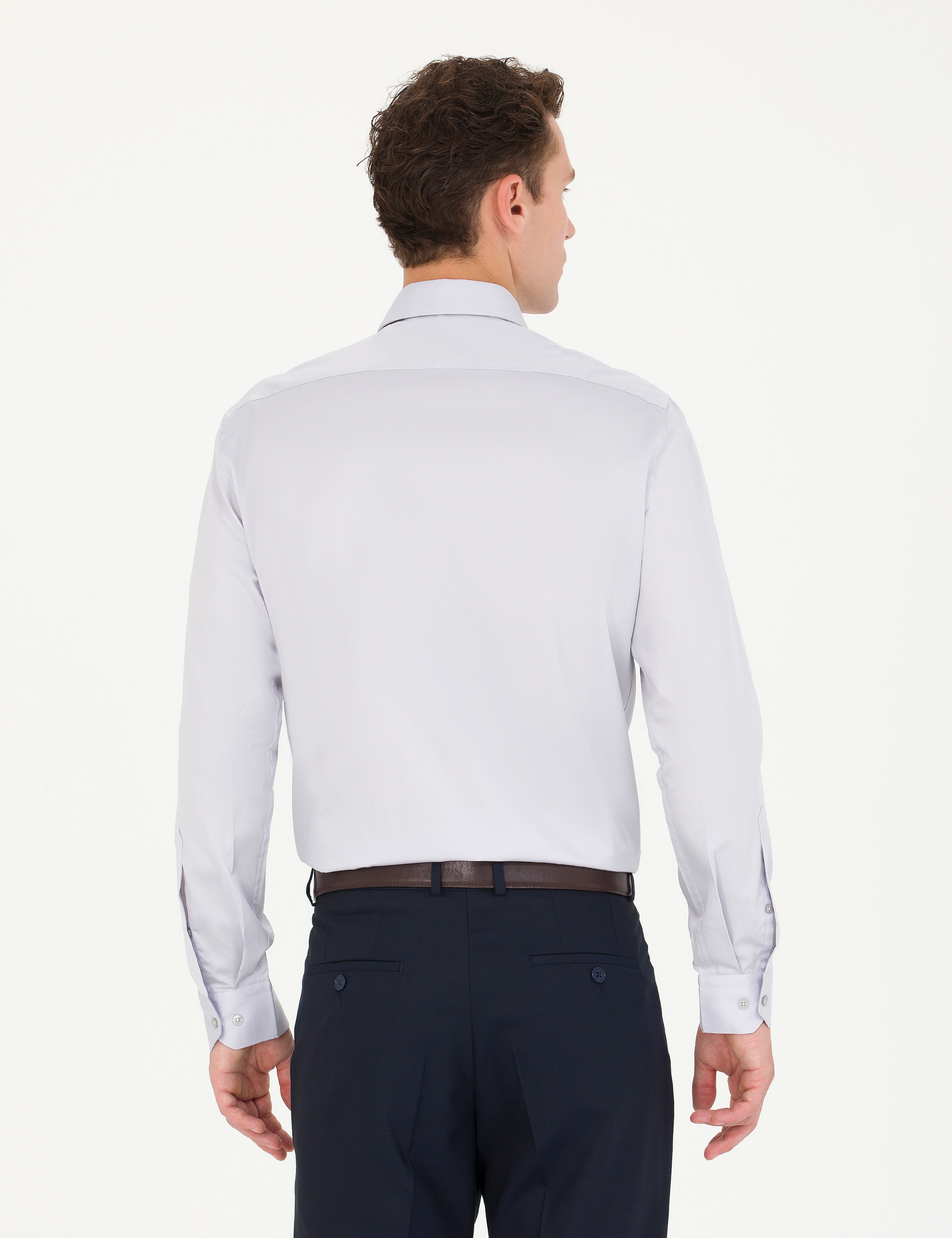 Gri %100 Pamuk Slim Fit Uzun Kollu Basic Gömlek