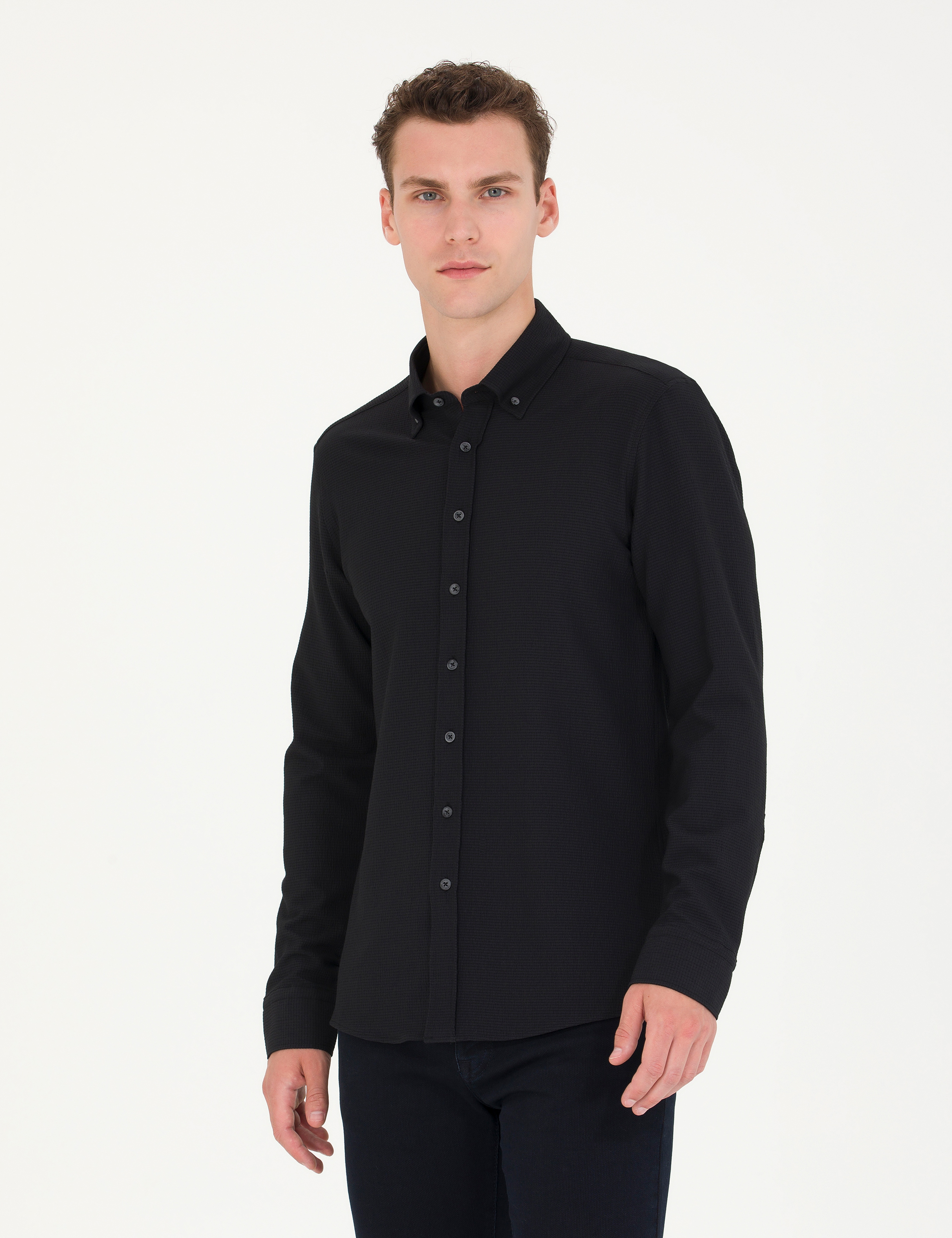 Siyah Slim Fit Uzun Kollu Gömlek - Image 3