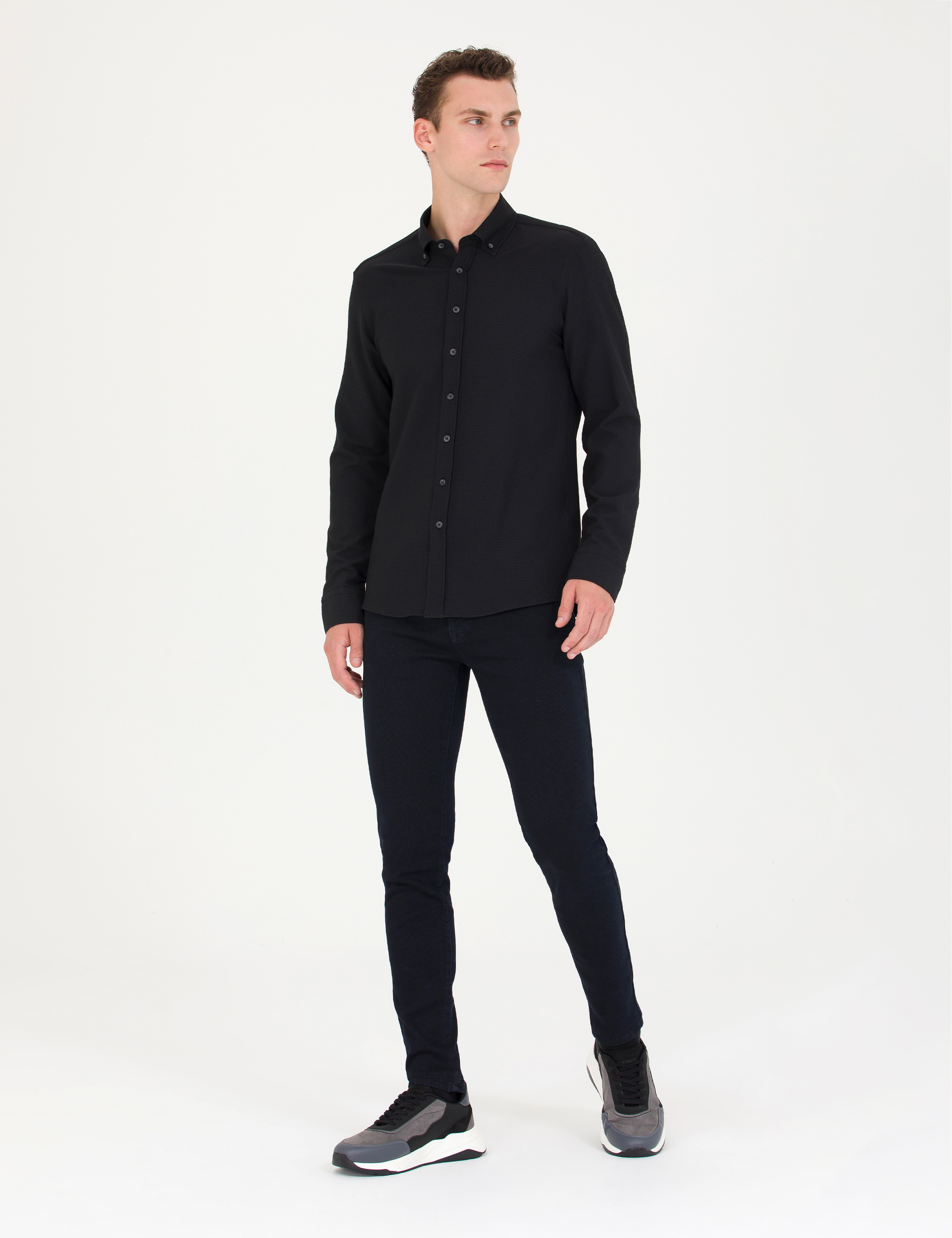 Siyah Slim Fit Uzun Kollu Gömlek - Image 4