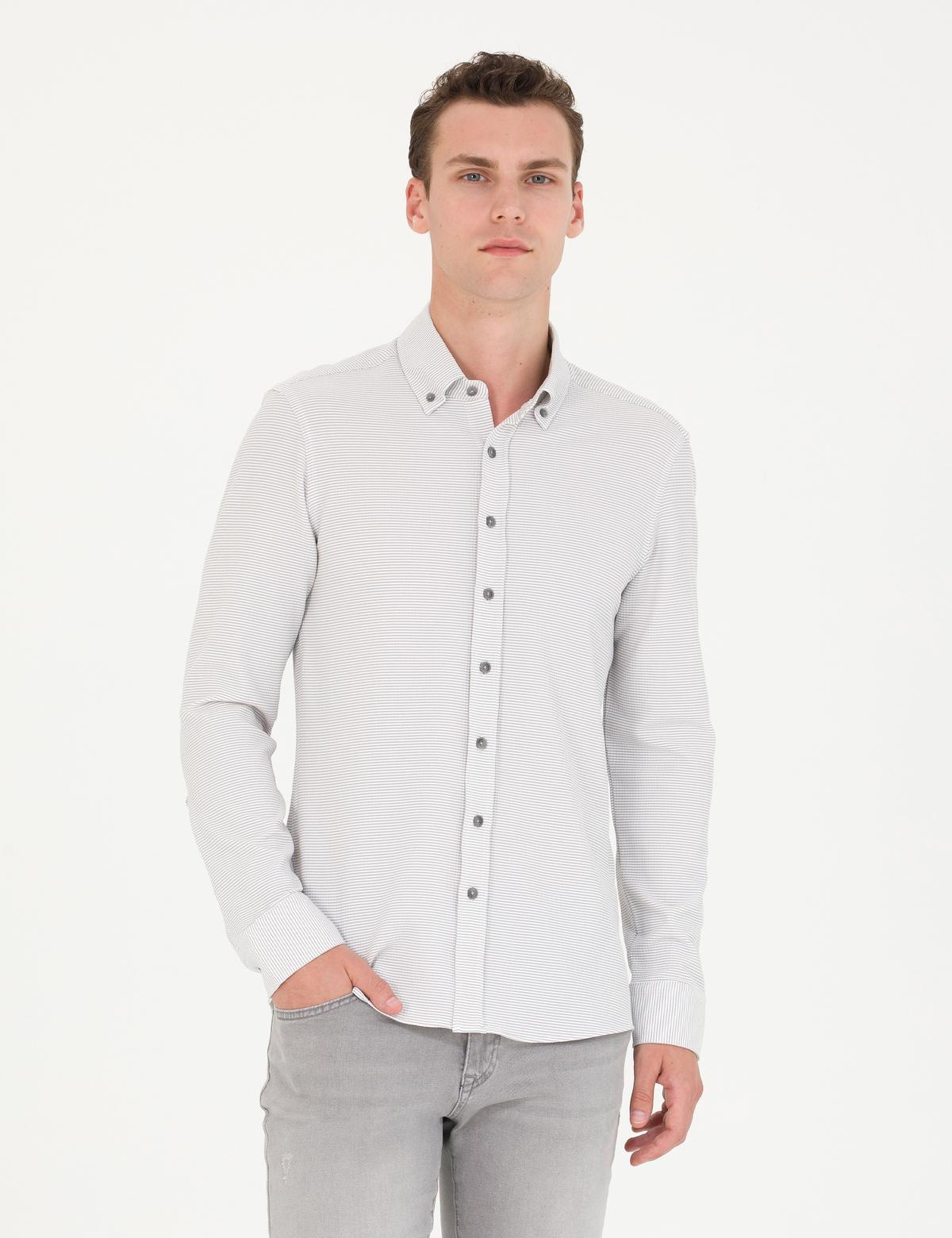 Açık Gri Slim Fit Uzun Kollu Gömlek