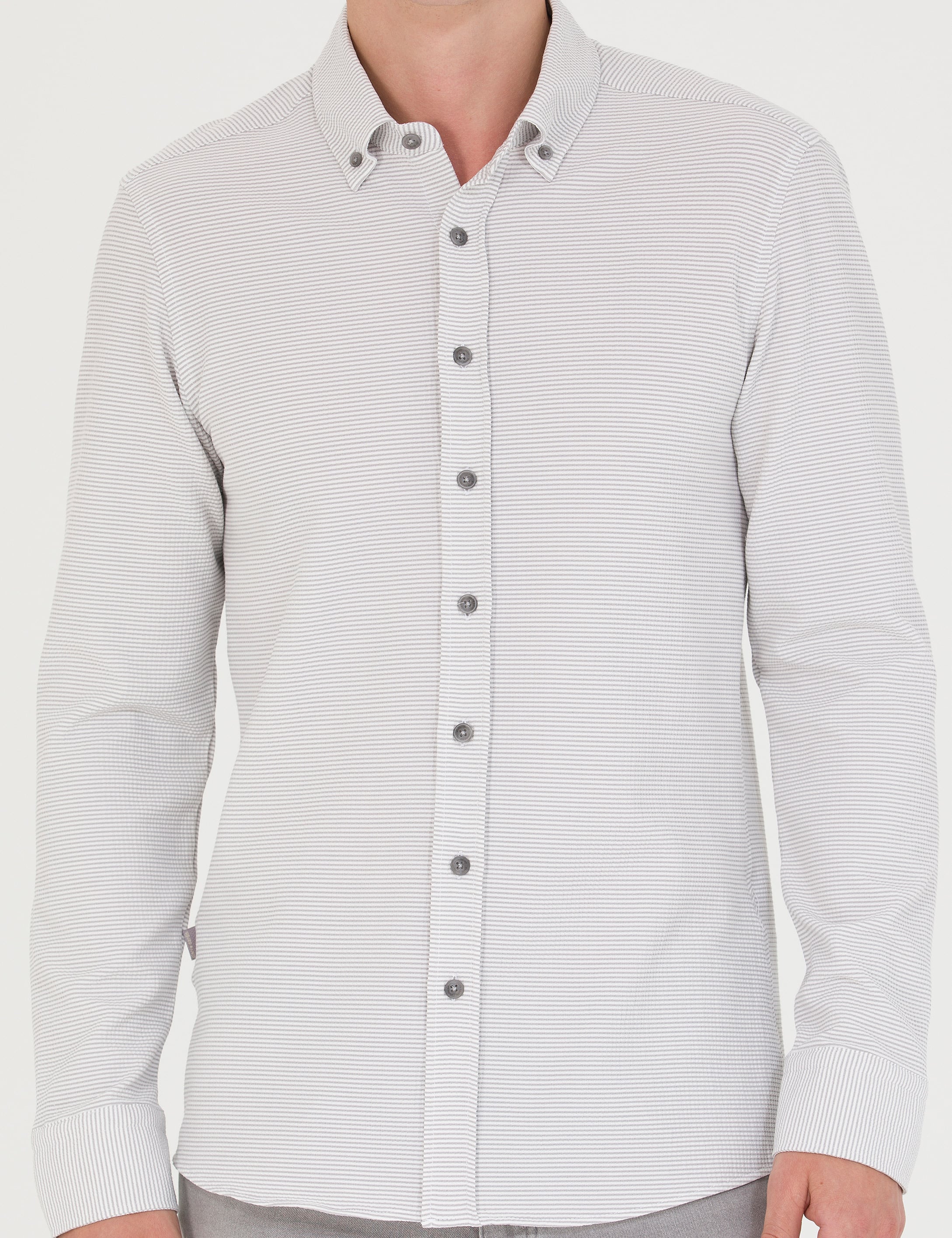 Açık Gri Slim Fit Uzun Kollu Gömlek - Image 6